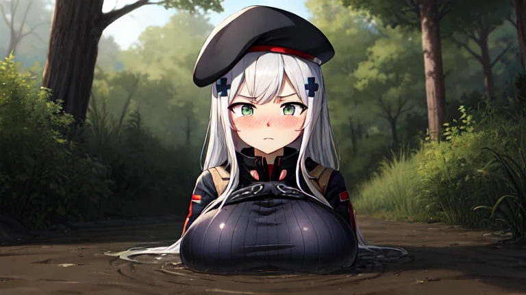 HK416, vibrant colors, masterpiece, best quality, ultra-detailed, highres, 8k, 416face, cinematic lighting, solo, detailed eyes, beret, long sleeves, plaid, german flag, huge breasts, curvy, jitome, narrowed eyes, frown, blush, arms behind back, partially_submerged, quicksand, flooding up to the chest, upper body, 