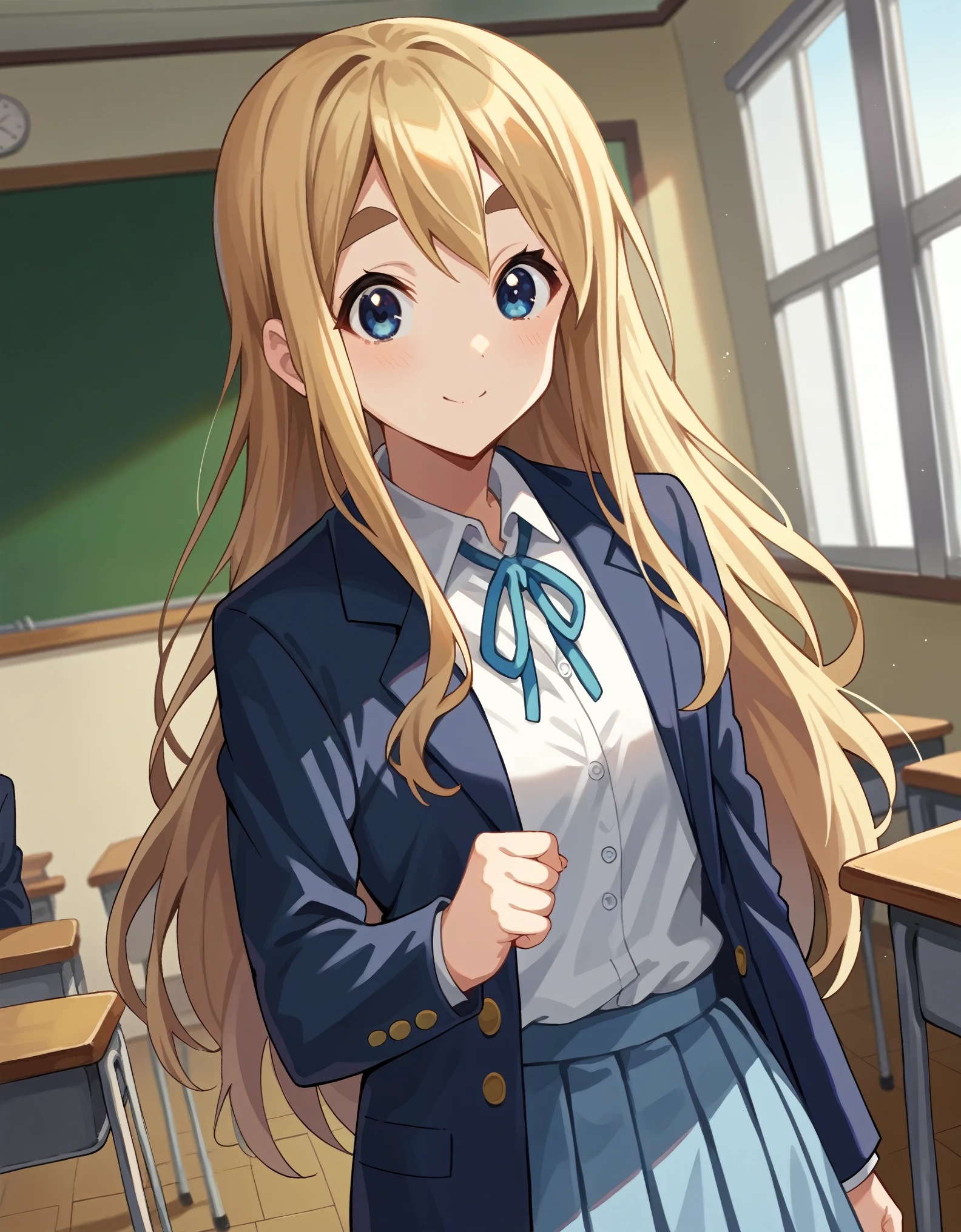 score_9, score_8_up, score_7_up, source_anime,
tsumugikotobuki, tsumugi kotobuki, long hair, blue eyes, blonde hair, thick eyebrows, smile,
sakuragaoka high school uniform, school uniform, uniform, blazer, shirt, white shirt, collared shirt, skirt, pleated skirt,
indoors, classroom,
looking at viewer, cowboy shot, dutch angle, dynamic pose,