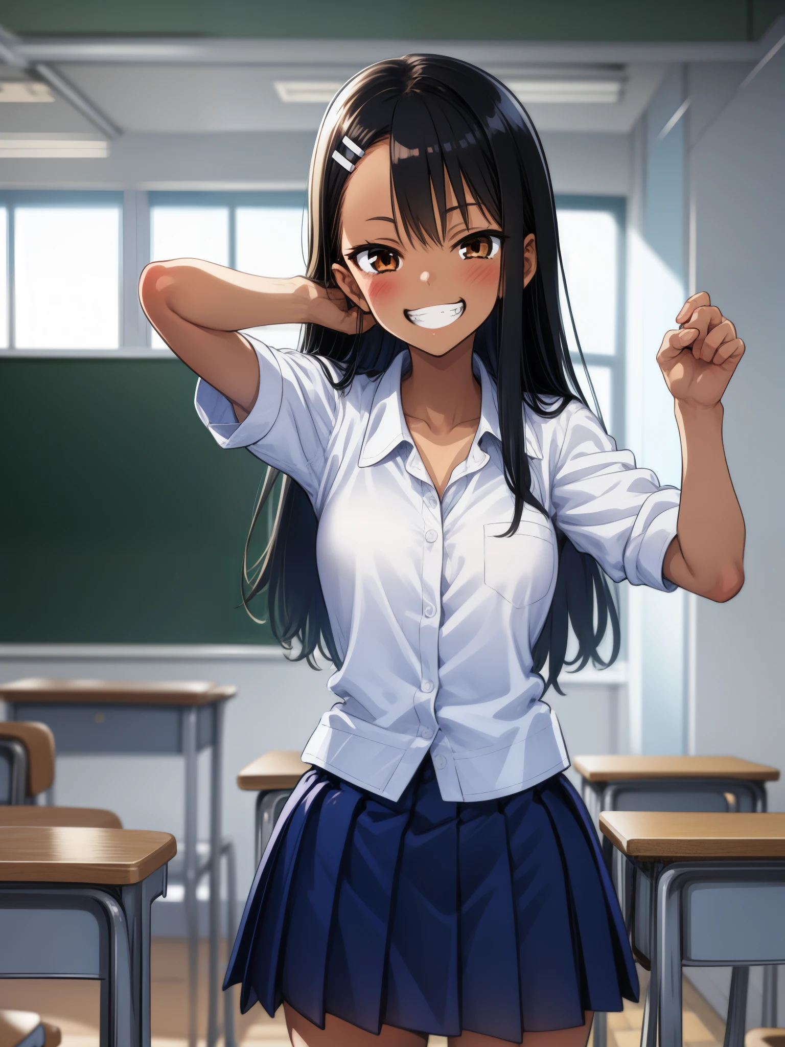 1girl, cowboy shot, grin, classroom, fighting stance,
nagatoro_hayase, brown eyes, black hair, long hair, dark skin, dark-skinned female, tan, tanlines, hairclip, school uniform, white shirt, collared shirt, pleated skirt