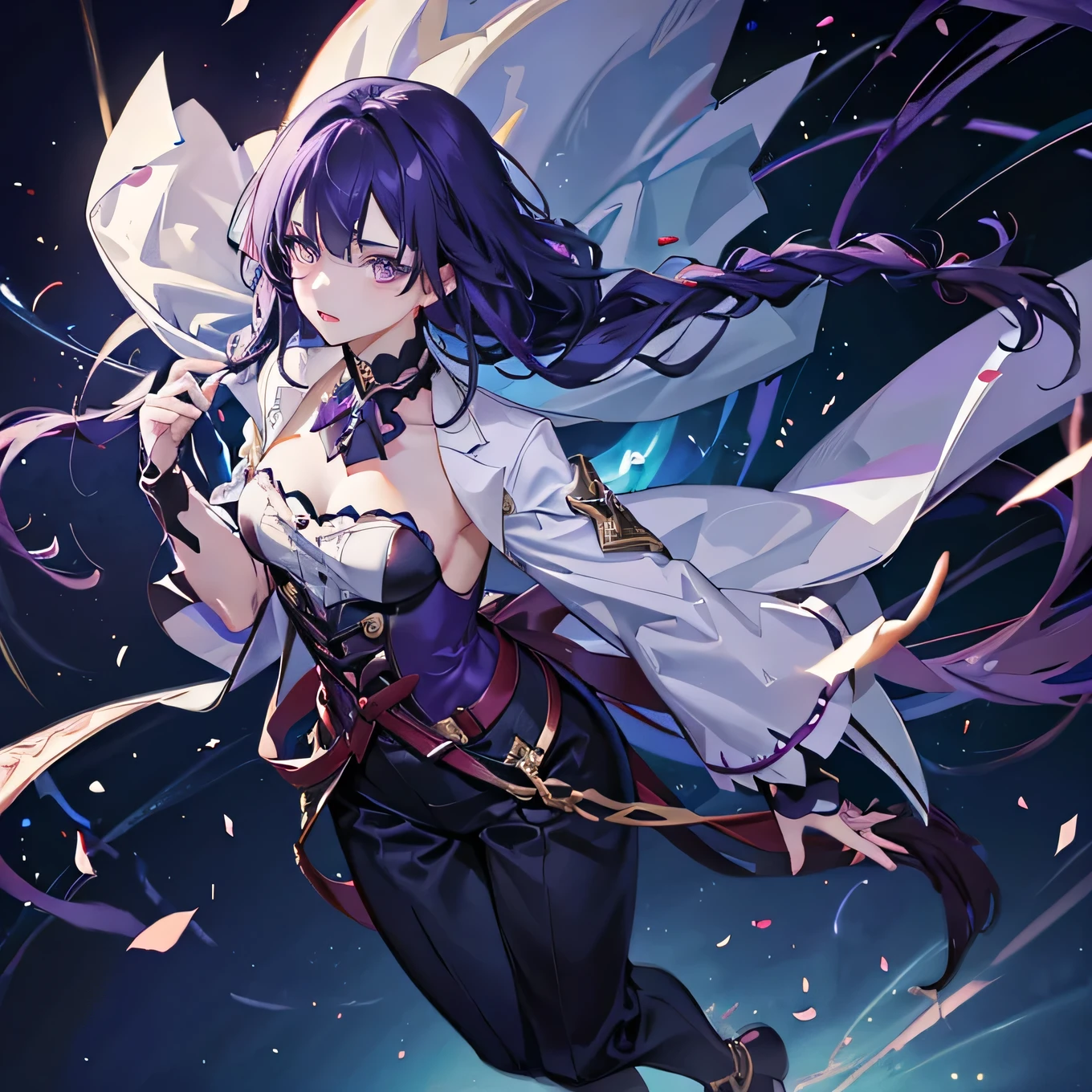 a young anime boy with long dark purple hair in 1 braid, violet eyes, wearing circus clothes and pants, with extreme detailed decorations, dark-circus tematic, full body, full body!!!, highly detailed, anime style, (best quality,4k,8k,highres,masterpiece:1.2),ultra-detailed,detailed eyes,beautiful detailed lips,extremely detailed face,long eyelashes,dramatic lighting,cinematic,dark but funny atmosphere, seriou expression 