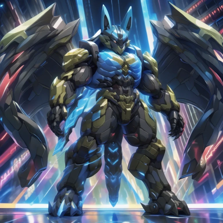 (mega lucario , 8K), (mega lucario 's giant robot, Powered exoskeleton with the same design as mega lucario ), (Masterpiece, highres) (Detailed head, Detailed Body, Detailed abs, full body) (gigantic muscles, Gigachad Muscular, big muscle, pecs, triceps, traps, unusually developed muscular body, body full of huge muscles. showing off muscles, pectorales enormes, Exaggeratedly huge muscles.) (nj5furry, The claws are sharp, Sharp teeth, sharp claws), (long legs), (Spread wings, It has wings, have big wings, golden wings), (It has wings, whole body shines like metal, Wearing cyberpunk mecha, emphasizes the muscles, suit fully made of metal, intricate armor, Robotic suit, suit fully made of metal, cyborg), (black color hyper penis, hyper black penis), menacing pose, no face.