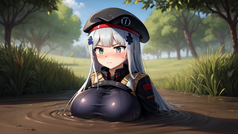 HK416, vibrant colors, masterpiece, best quality, ultra-detailed, highres, 8k,  cinematic lighting, solo, detailed eyes, beret, long sleeves, plaid, german flag, huge breasts, curvy, jitome, narrowed eyes, frown, blush, arms behind back, partially_submerged, quicksand, flooding up to the chest, upper body, 