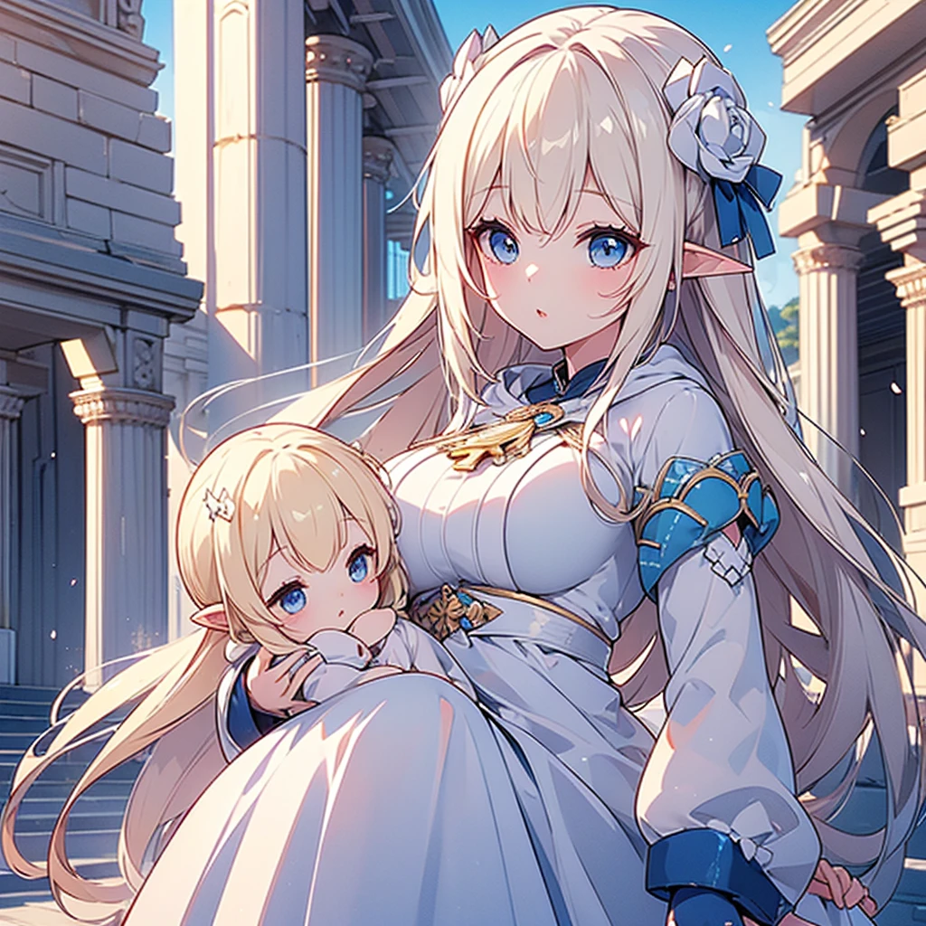 ((masterpiece, Highest quality, Highly detailed CG, unity 8k wallpaper,)), One woman, 1 baby, Young woman holding a baby to her chest, whole body, ancient architecture, blue sky, Sunny day, wooden building, Famous protagonists, Big eyes, (Big Breasts),Looking towards the audience, Long eyelashes,Pointy ears、blue eyes、Blonde、White clothes full of holes、Anxious expression、Brown coat with hood