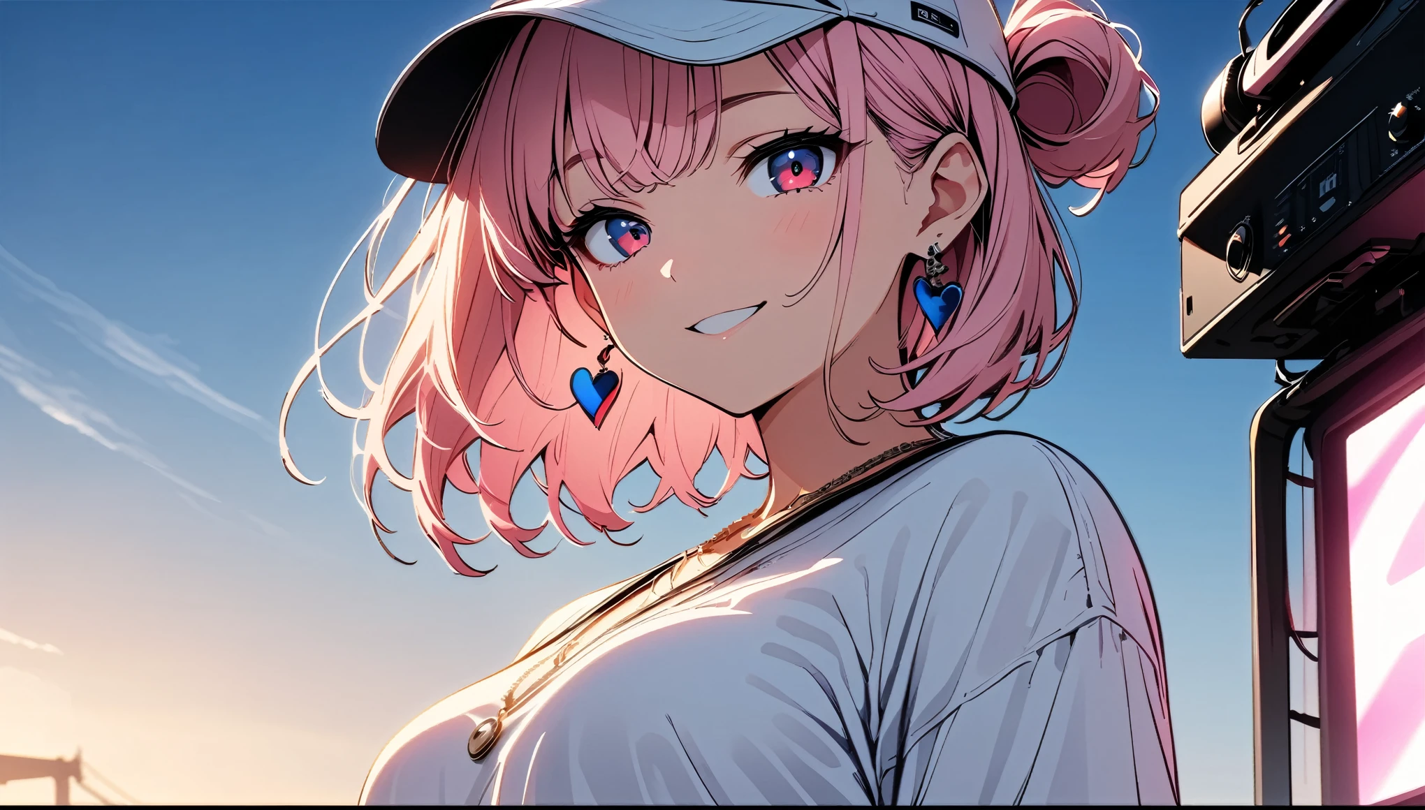 (high quality, 8k, 4K, High Contrast, masterpiece:1.2, 最high quality, Best aesthetics),high angle shot, ((1 female:1.4)),((Operating DJ equipment:1.5)), ((Blue sky seaside background:1.3)), (Big Size White Color Shirt:1.1), (Simple Baseball Cap) ,DJ headphones, ((Flat Color)),High Contrast, Contrasting colors, , Pale pink and blue lighting,Pink Hair, Red eyes, Denim shorts, Looking at the audience, (The best smile), Sleepy eyes, ((Short Hair)) , (Tied Hair), Small heart-shaped earrings in both ears, bright eyeshadow, necklace