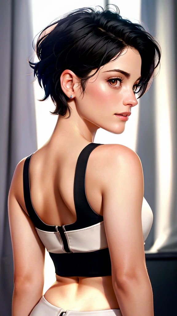 Realistic photo of a beautiful j41m134 woman,1girl,solo,looking at viewer,short hair,black hair,bare shoulders,upper body,looking back,nail polish,lips,pale skin,black nails,realistic,nose,soft lighting, professional Photography, Photorealistic, detailed, RAW, analog, sharp focus, 8k, HD, high quality, masterpiece