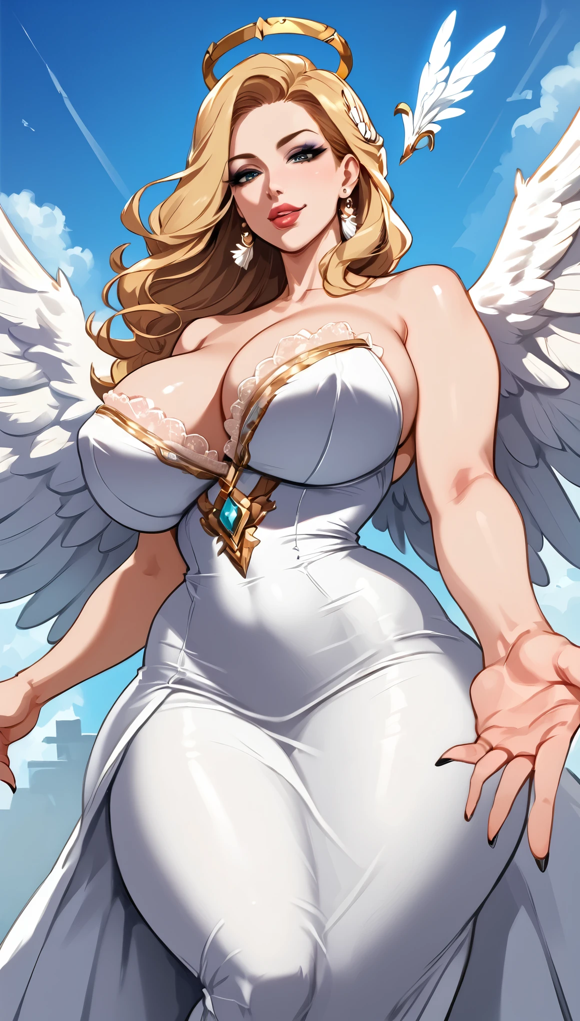 mature female, mom, milf, angel, ((angel wings)) , feathers, ((thick lips)), (puffy lips), smile, parted lips, painted lips, makeup, eyeshadow, tall, slim waist, wide hips, ((thick thighs)), huge ass, (huge breasts), cleavage , tall, [[long legs]], oily breasts , white dress, bare shoulders, ((lace)), (big earrings), sky, (sexy pose), dynamic pose, hip and thigh focus, oily breasts, realistic lighting, head tilt, painted nails, hair ornament, (dutch angle), from below, beckoning, reaching towards viewer