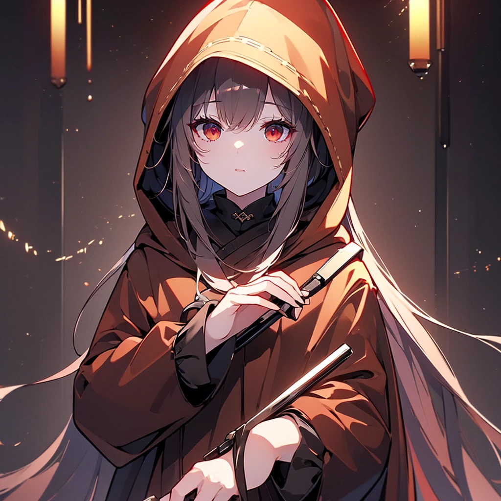 ((masterpiece, Highest quality, Highly detailed CG, unity 8k wallpaper,)), One woman, darkness、Wearing a brown long coat、Wearing a hood、I can barely see your face、Red eyes、Holding a knife、assassin、Eyes that shine mysteriously