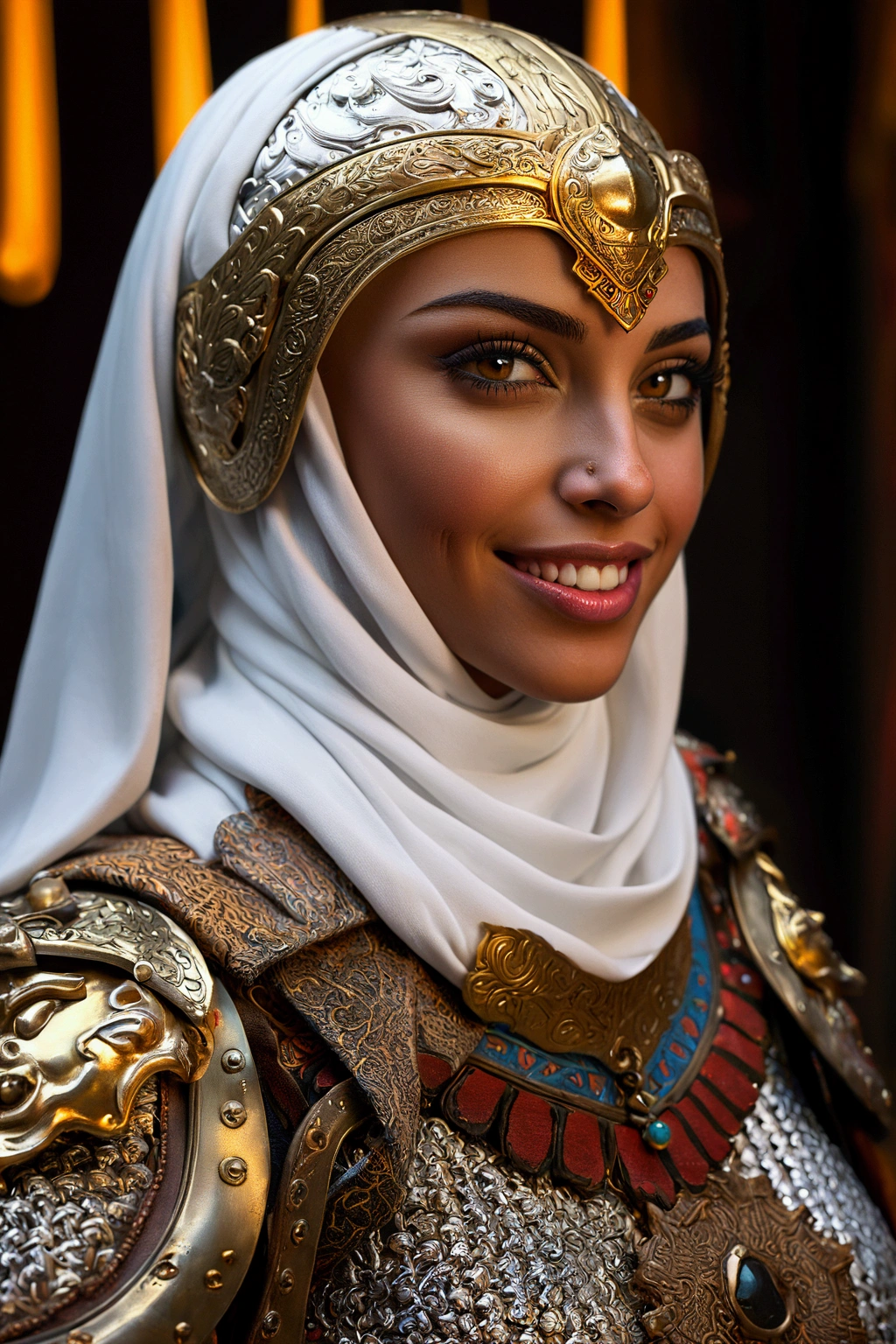 female arabic paladin, arabic style, detailed golden eyes, detailed white short hair, detailed lips, extremely detailed face and features, smiling, detailed ornate helmet, professional lighting, dramatic chiaroscuro, photorealistic, hyperdetailed, intricate textures, vibrant colors, cinematic composition, dynamic pose, masterpiece