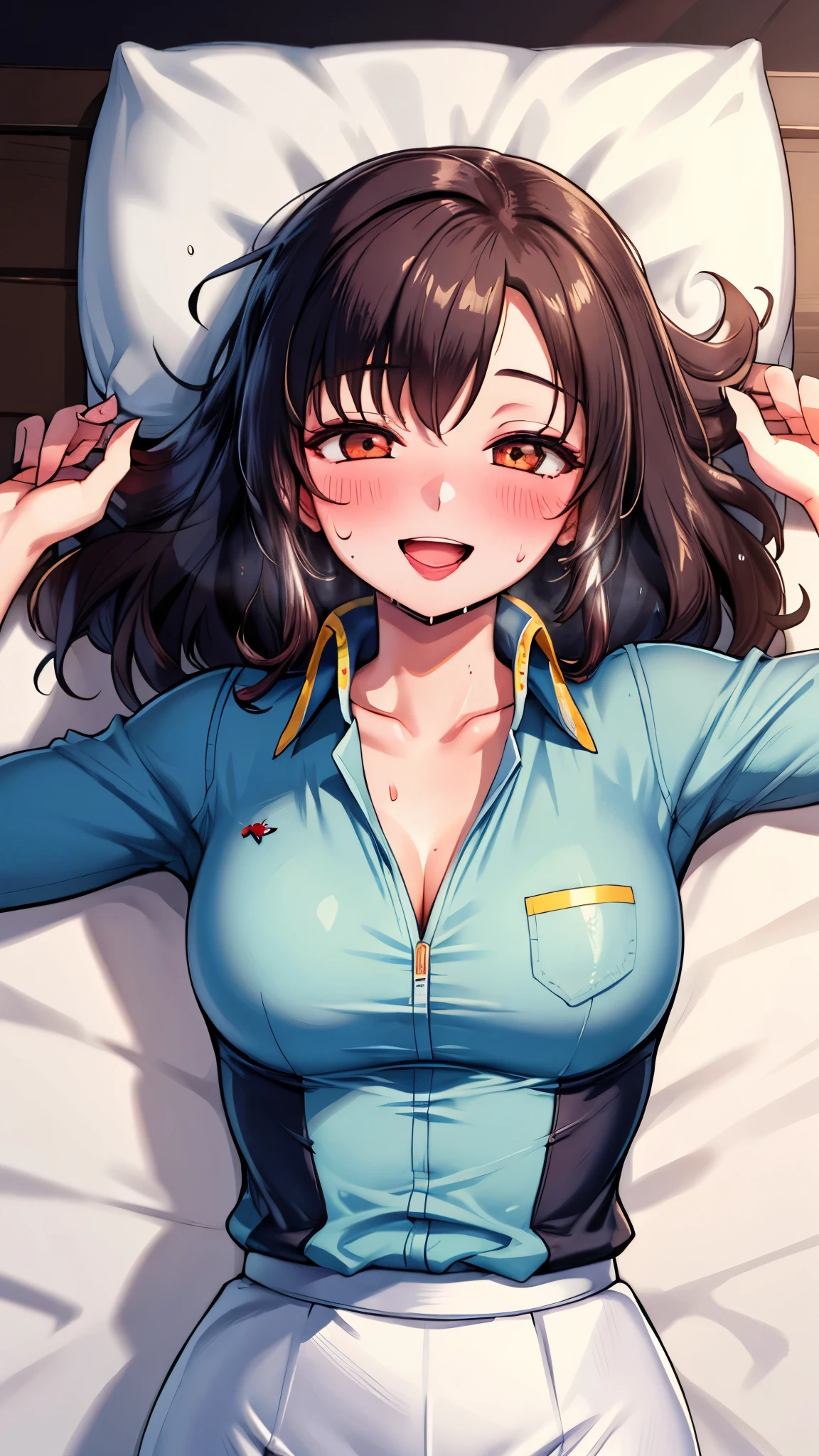 （（super high quality,））（（Ultra-high resolution,））（16K,）（super masterpiece,）（（Ultra HD ,））（Detailed shading）Upper body photo,One sexy mature woman,popped Tight open collar,White tight skirt,Spread your hands,Provocative and sexy ahegao face,blush,Ecstatic smile,Looking down,Sweaty,A small amount of drooling,Love juice,Dimly lit bedroom,Lying in bed,