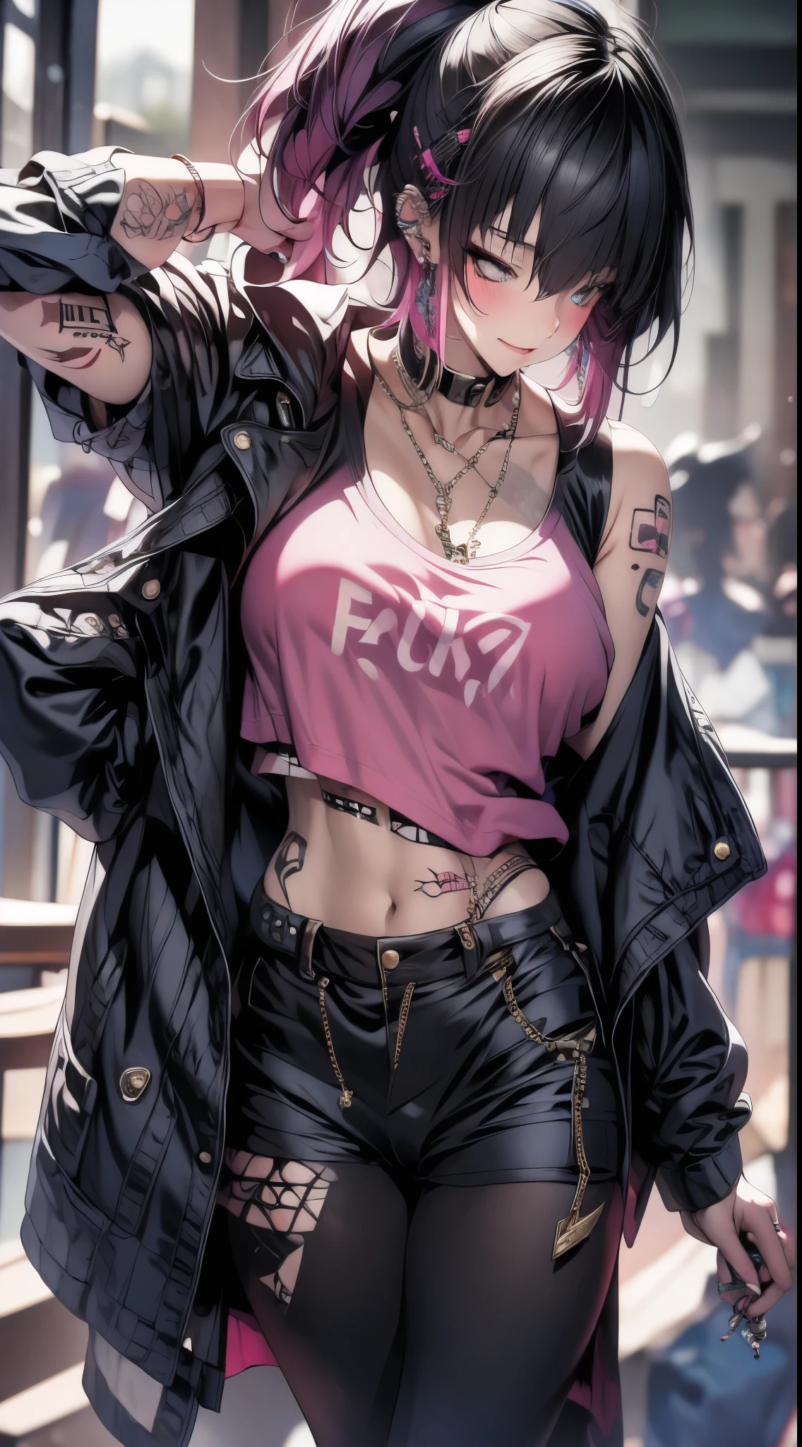 masterpiece, Best Quality, pixiv, cool girl, many piercings, earrings, tattoos, black fur, pink dip dyed hair, grey eyes