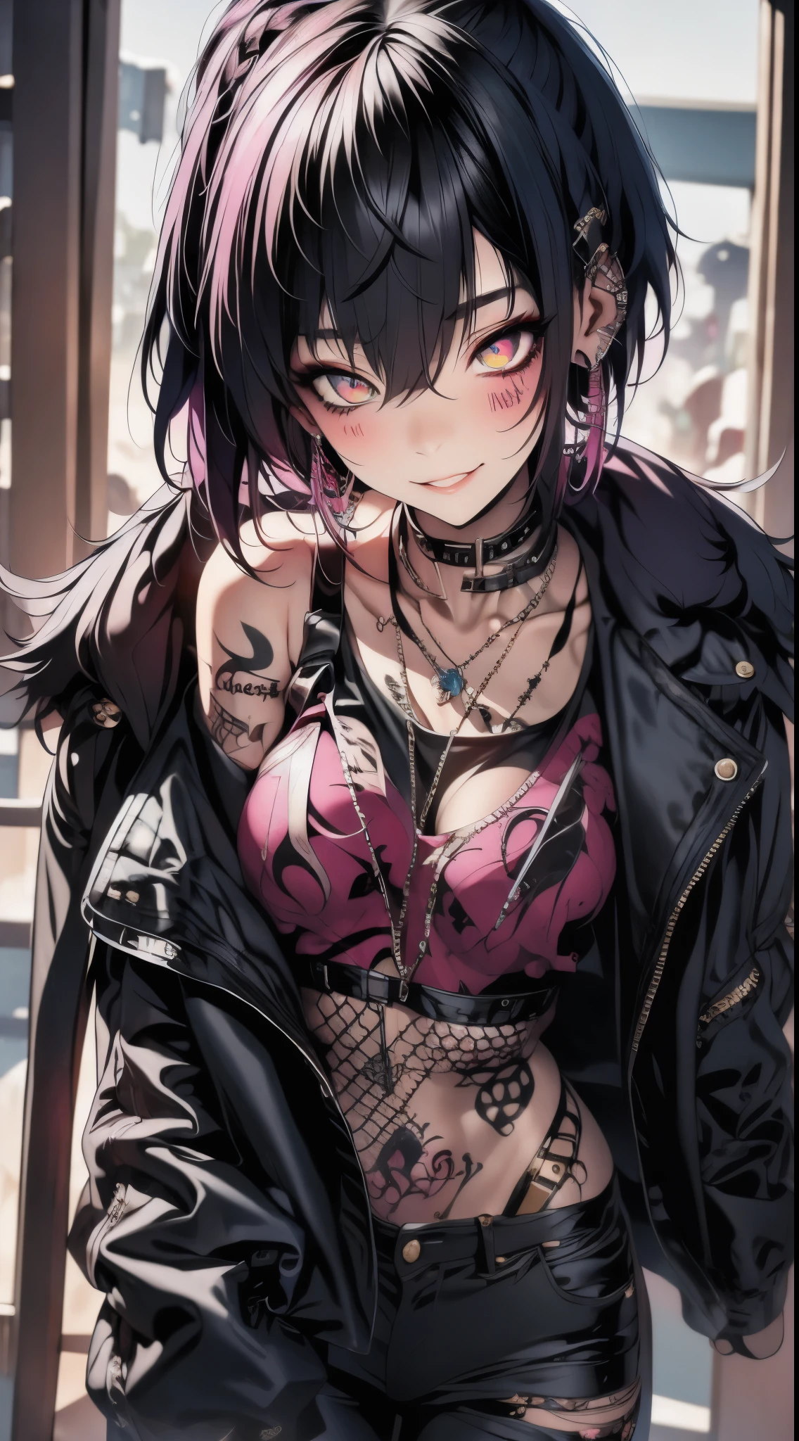 masterpiece, Best Quality, pixiv, cool girl, many piercings, earrings, tattoos, black fur, pink dip dyed hair, grey eyes