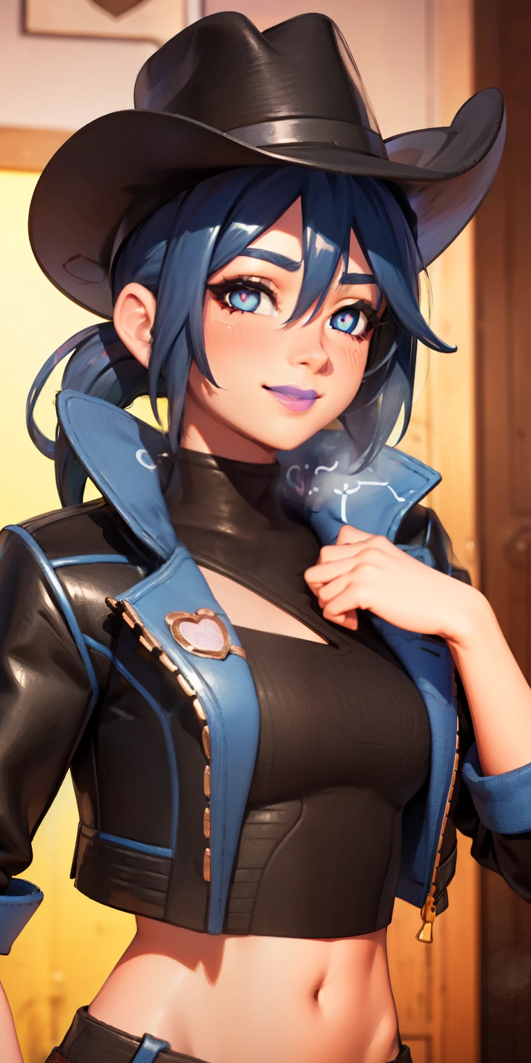 Heart-shaped_pupils, 1girl,blue hair, ponytail, blue eyes, eyeshadow, (blush:1.1),upper body,trembling, heart,(speed lines:1.1), ((heavy breathing:1.3)), love, heart, cowgirl outfit, fringe trim, black jacket, jacket crop top, navel, black crop top, cowboy hat, cowgirl hat, purple lips, smile, looking at viewer,