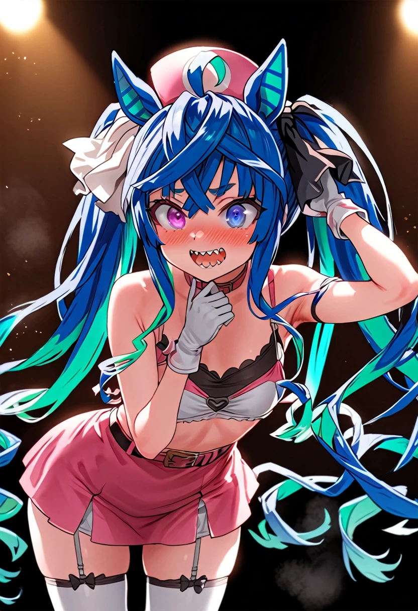 masterpiece,Highest quality,High resolution,Super detailed, solo, 1girl, live stage, ((cute)), Twin Turbo, Umamusume, aqua hair, twintails, heterochromia, purple eyes, blue eyes, sharp teeth, Trick or Treat Cosplay\(Short sleeve/Layered Bikini/belt/Nurse cap/mini skirt/gloves/Thigh-high socks/Garter Straps/FGO\), Baby girl body shape, Embarrassed, seductive model posing, perfect anatomy, noise removal