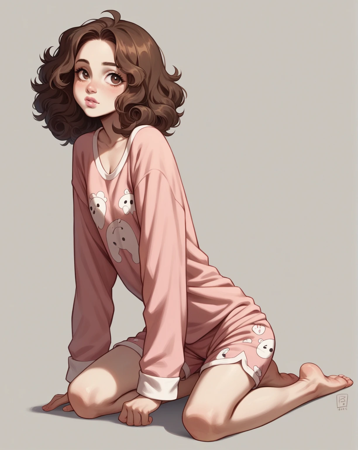 Teenage girl, 1.60 meters tall, slim and petite, with soft curves, brown eyes and shoulder-length curly brown hair, pink lips and a small, upturned nose, soft, white skin, small, round tits, kneeling in pajamas, bare feet, full body.