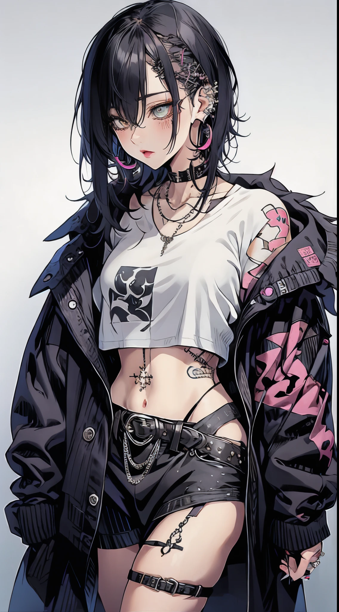 masterpiece, Best Quality, pixiv, cool girl, many piercings, earrings, tattoos, black fur, pink dip dyed hair, grey eyes
