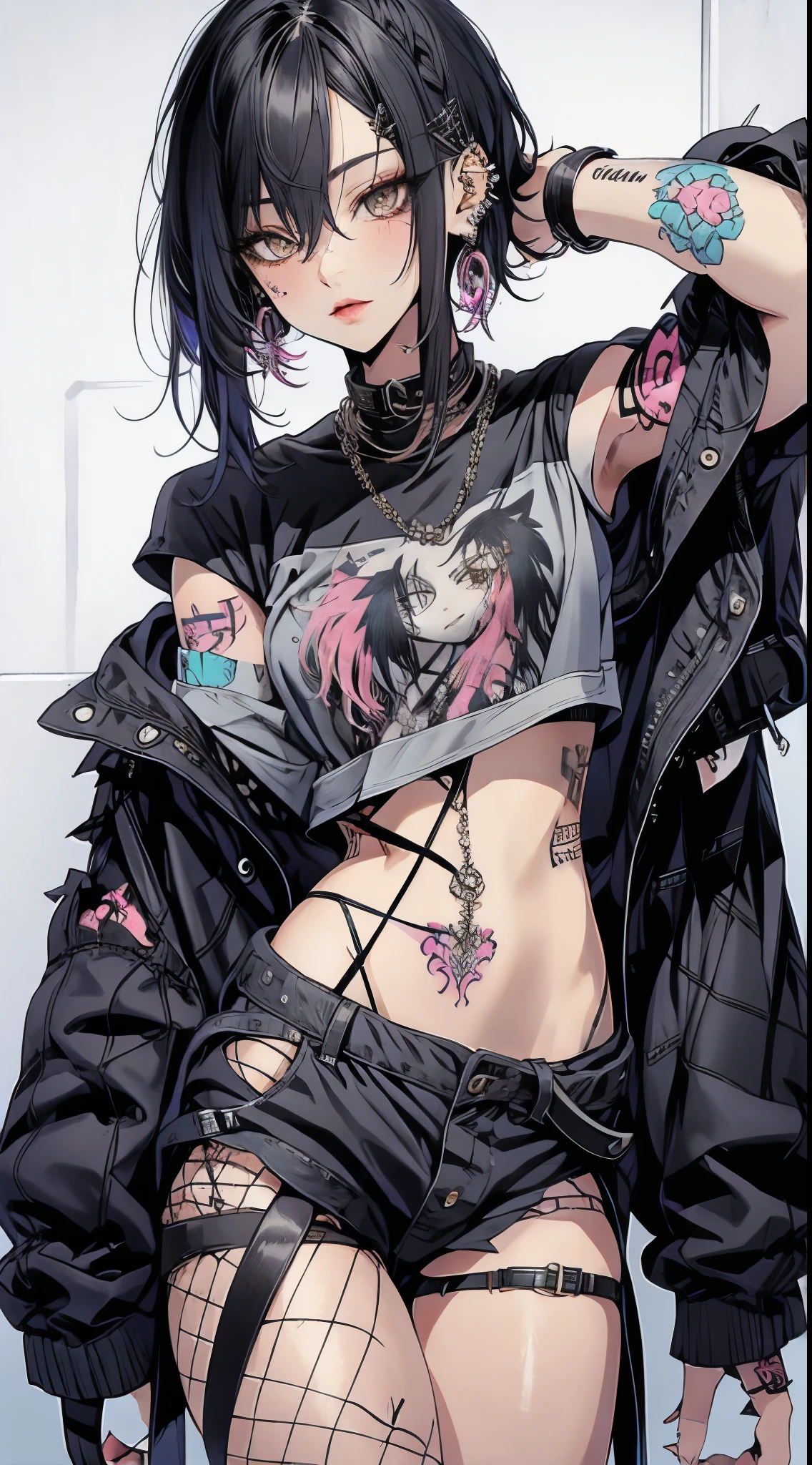 (best quality, masterpiece, ultra-detailed, 32k:1.2), simple lines, anime style, pastel goth punkgirl, perfect body, ((huge breasts)), wide hips, choker, chains, spikes, dark background, vibrant