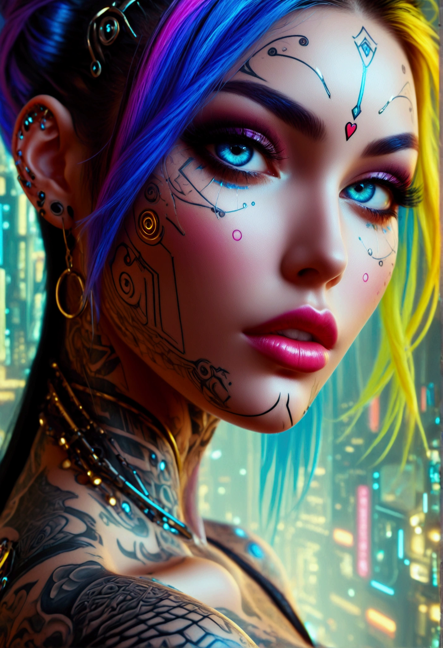 beautiful digital artwork, beautiful digital art, detailed beautiful face, 8k high quality oled detailed art, very beautiful digital art, digital art. highly detailed, beautiful detailed body, Create a hyper detailed photograph of a perfectly simetrical tattooed curved drop dead gorgeous cyberpunk 2077, Stunningly perfect gorgeous feminine face, bold, dramatic eyes, bold Eye Makeup, dramatic eyes, smudging layering and blending to dramatic, detailed vibrant neon glowing eyes, long hair, Focus on Skin A smooth even base is essential Makeup primers foundations and concealers Highlighting and Contouring to achieve a flawless canvas natural-looking, radiant glow, Gentle facial curves, Fuller cheek bones, Smaller and wider-set eyes, Less pronounced jawline, Symmetry perfection Proportion facial features, sexual curved heart shaped mouth, long beautiful tattooed legs, beautiful tattooed arms, perfect feminine curved body figure, detailed silky smooth skin, gigantic huge breasts, perfect heart shaped ass, beautiful long tattooed legs, Wearing cybernetics cyberpunk 2077 lingerie Jewels, fullbody view, showing complete body,