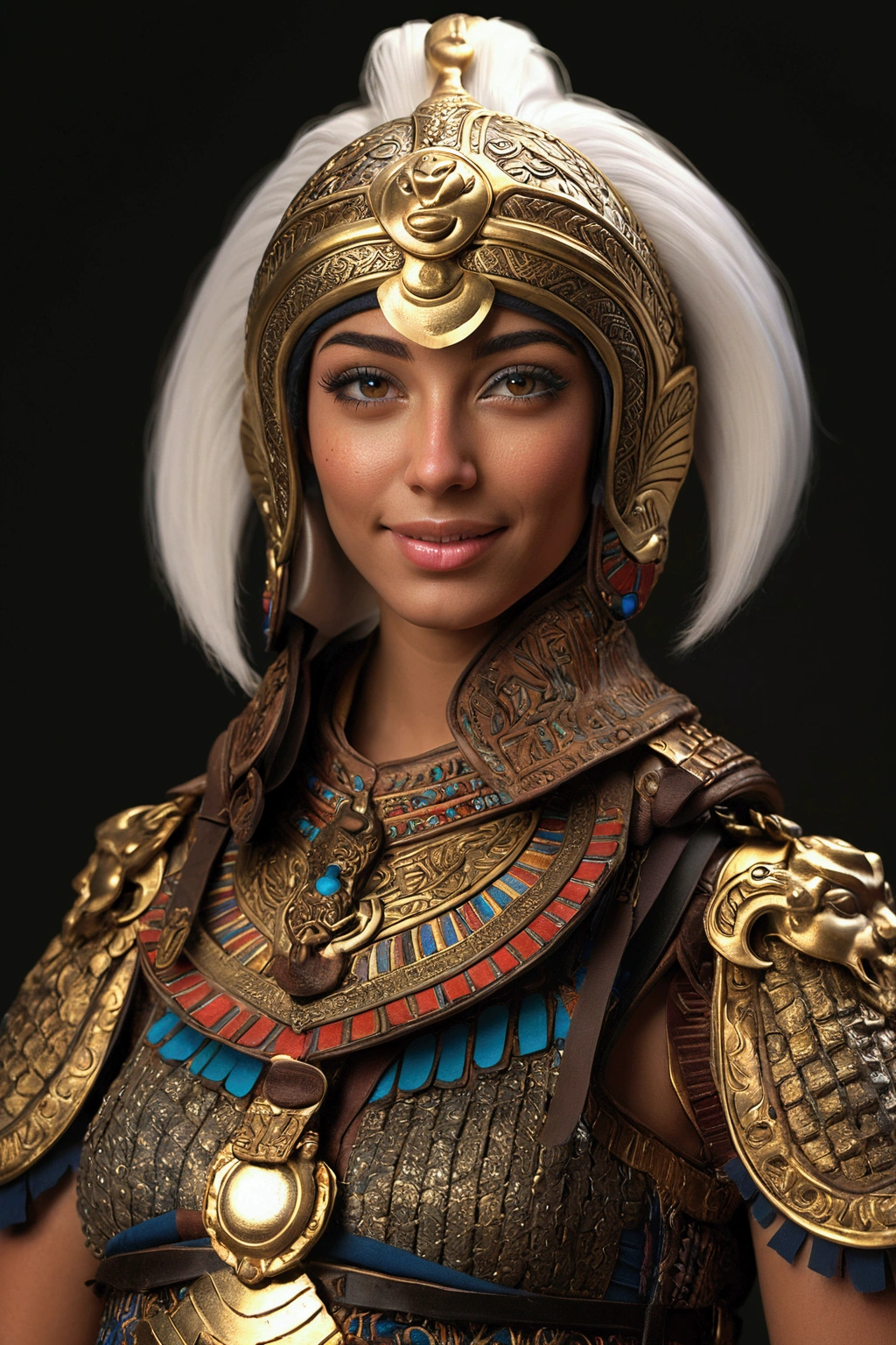 female Egyptian paladin, Egyptian style, detailed heavenly eyes shining lightly, detailed white short hair, detailed lips, extremely detailed face and features, smiling, detailed ornate helmet, professional lighting, dramatic chiaroscuro, photorealistic, hyperdetailed, intricate textures, vibrant colors, cinematic composition, dynamic pose, full body photo, masterpiece