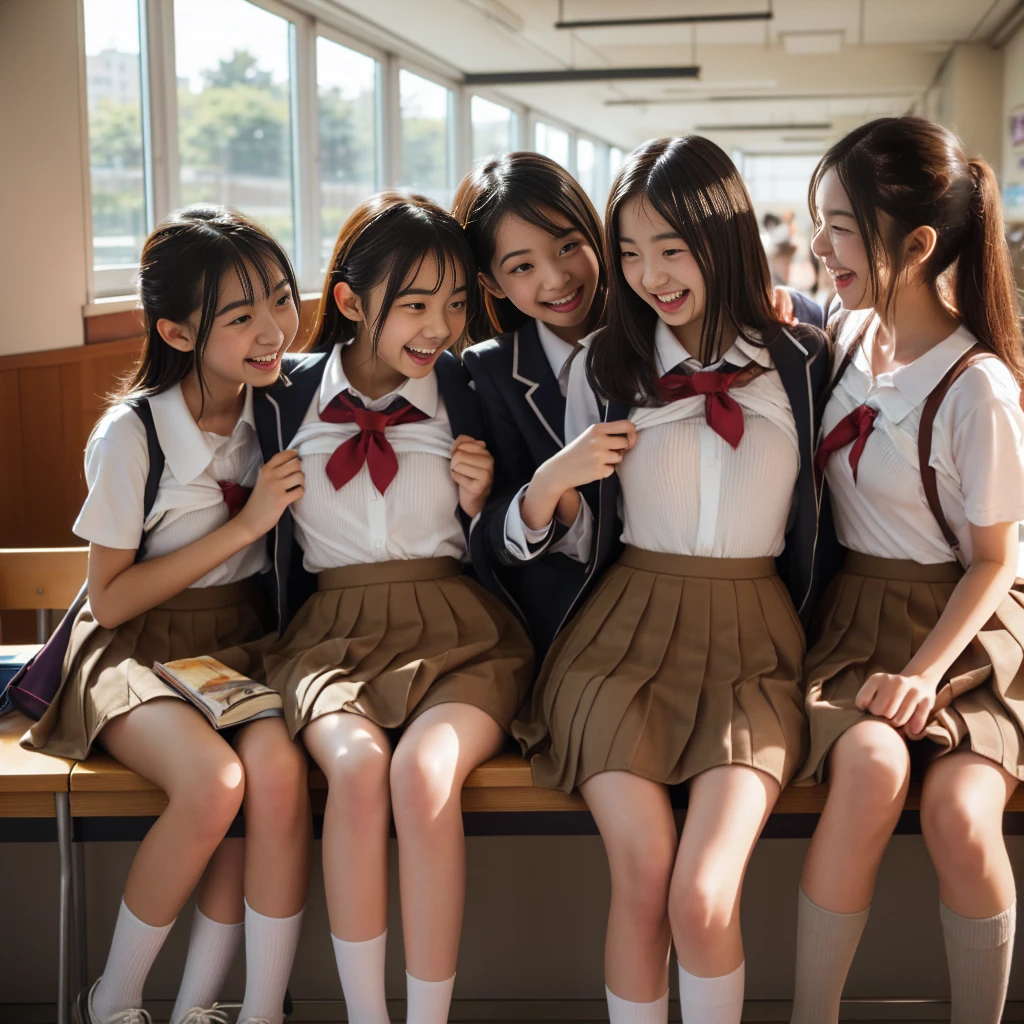 ((A very naughty happening that almost exposes her nipples and vagina:1)),U High resolution, Three ************* girls, dressed in neat school uniforms with pleated skirts and blazers, are chatting happily in a bright Japanese classroom. The sunlight streams in from the large windows, casting soft shadows across the desks. Two of the girls are seated at a desk, while the third leans casually against a chair, all of them smiling and laughing as they talk about their day. Their schoolbags rest nearby, with textbooks and notebooks peeking out.In another scene, the same group is walking down the school’s stairway, continuing their conversation. The walls are lined with colorful posters, and their footsteps echo lightly in the empty hallway. One girl gestures excitedly as the others listen, giggling at her animated storytelling. The atmosphere is lighthearted and carefree, capturing a moment of friendship and fun between the three students.