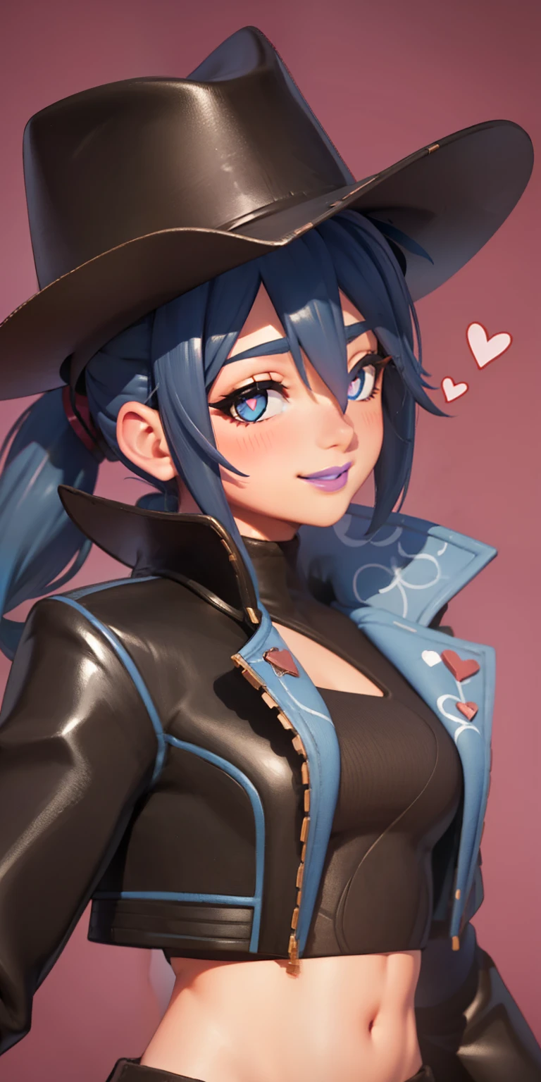 Heart-shaped_pupils, 1girl,blue hair, ponytail, blue eyes, eyeshadow, (blush:1.1),upper body,trembling, heart,(speed lines:1.1), ((heavy breathing:1.3)), love, heart, cowgirl outfit, fringe trim, black jacket, jacket crop top, navel, black crop top, cowboy hat, cowgirl hat, purple lips, smile, looking at viewer,