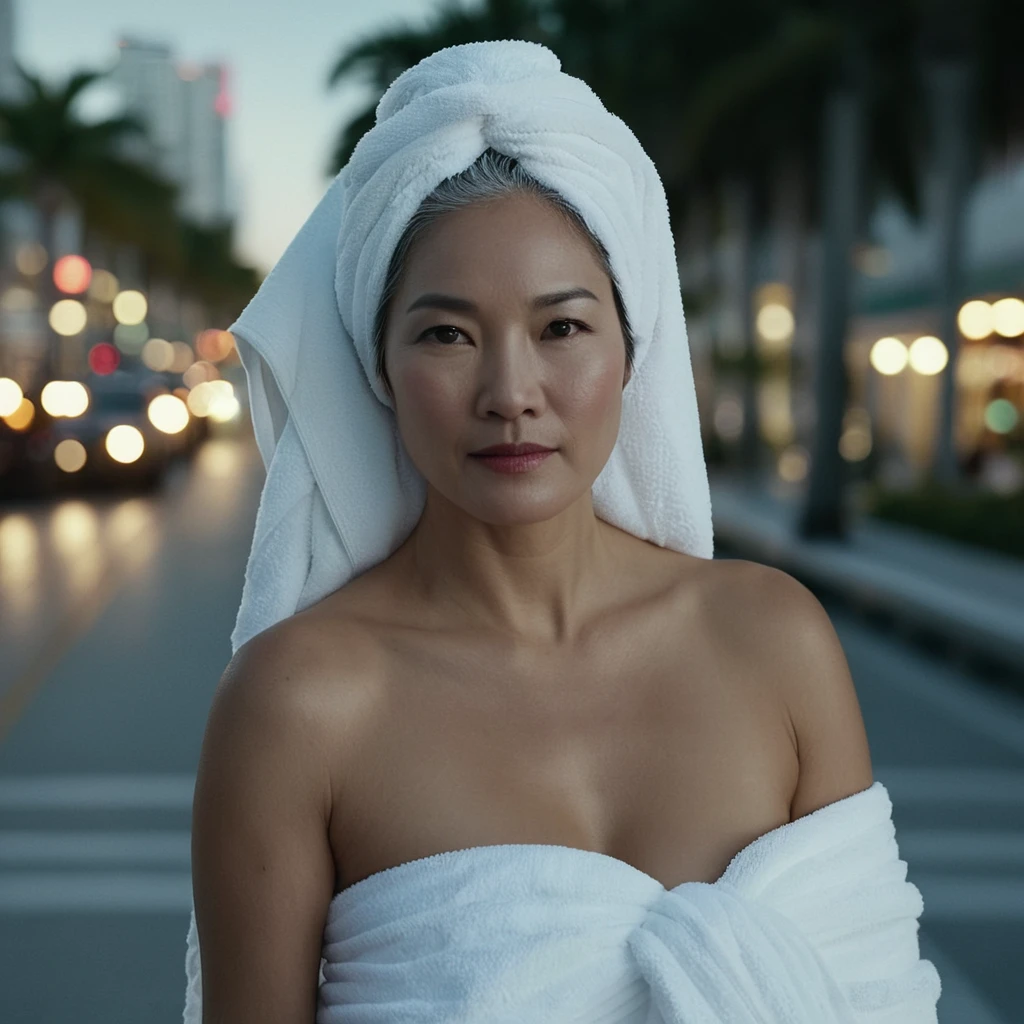 cinematic film still of bright light, bright, a middle aged sexy gray haired still very young looking Asian woman wearing only a white towel on her head completely covering her head and she is naked full body view she i s walking around the city of Miami standing in Biscayne Boulevard in Downtown Miami High-key lighting Style, 1girl, solo, long hair,gray hair, elder, 50 years old, lo o king at viewer, city of Miami background, city background, bare shoulder s,white hair, lips,makeup, pale ski nrealistic, white theme, shallow depth of field, vignette, highly detailed, high budget, bokeh, cinemascope, moody, epic, gorgeous, film grain, grainy
