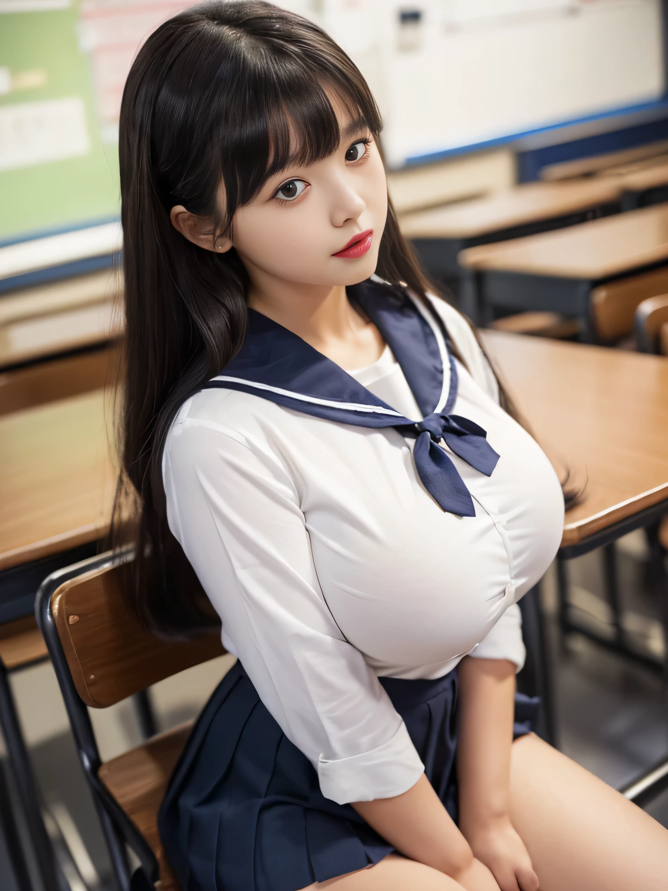 　(Above the waist shot:1.1)　((Her skin is very tanned!!!!!!))　((Her hair is extra very super long hair:2.0!!!!!))　((Her hair is extra very super long hair:2.0!!!!!))　(wear Japanese School Uniform, Japanese girls uniform, Japanese , Wear, wear , uniform, Girl in uniform, loose coat collar Sailor suit, High school girl, Sailor suit, Sexy and cute face , Beautiful anime high school girl　Her Sailor suit jacket is white with short sleeves.!!!　The skirt is a navy blue mini pleated skirt....　The ribbon on the chest is navy blue....)　((She is in the classroom at school))　(She sits with her back arched and her legs wide open on a classroom chair.:1.2)　((She is looking at the camera with a very happy smile..:1.4!!!))　(((Her lipstick is bright red:1.2)))　((Lips with a long width:1.3))　(Her mouth is half open:1.3)　((She is a  high school stu))　(She is 1)　((Highest quality)), ((masterpiece)), (Familiar), (Get used to it)　(Big Breasts:1.6)　(Her hair is pitch black)　((Her bangs are neatly arranged and straightened down.:1.4))　((The highest quality and most detailed hair is very shiny, jet black, and super long, reaching down to the waist.:2.0　Her hair is very voluminous))　(Her hair is curly:1.2)　((Her hair is extra very super long hair:2.0!!!!!))　Perfect Woman&#39;face　(She has a typical Japanese build and skin color..., Her skin is very high quality and ultra high definition.、very beautiful and glowing skin)　(She is a professional beautiful face makeup　The eyeliner is a beautiful black)　(She has a typical Japanese build and skin color　Her skin is very delicate and sensitive..、and、Such beautiful and radiant skin　very beautiful and glowing skin)　(Her eyes are wide and have double eyelids.)　((Rich 1.4))　(Extremely detailed 8K)　(Ultra-fine skin texture 1.4)　(current, Vibrant:1.4), 　Sharp focus:1.2、Beautiful woman:1.4　Dynamic lighting　(Genuine RAW photos taken by professional photographers)　　Lipstick is natural red　The eyeliner is a beautiful black) 　(Surreal photos by professional photographers :1.2)　