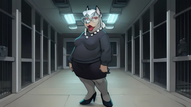saggy hellhound lady, domestic dog, hellhound, overweight, breasts, grey fur, elderly female, (solo,:1.4) standing, (pov,:1.1), red sclera, white eyes, white hair,
BREAK glasses, (white glasses:1.3),
BREAK (black clothing, neckerchief, pearl necklace, sweater, skirt), (blue eyeshadow, red lipstick, thick lips), high heels,
looking at viewer,
cage background
BREAK ((by zaush, by seth-iova), (uploaded on e621, full-length portrait, masterpiece, best quality, high quality, 2k, 4k, hires, digital media \(artwork\)))
<lora:fluffyrock-quality-tags-v4:1> <lora:Saggy Hellhound Lady_V1 - FRLione27nO_:1>