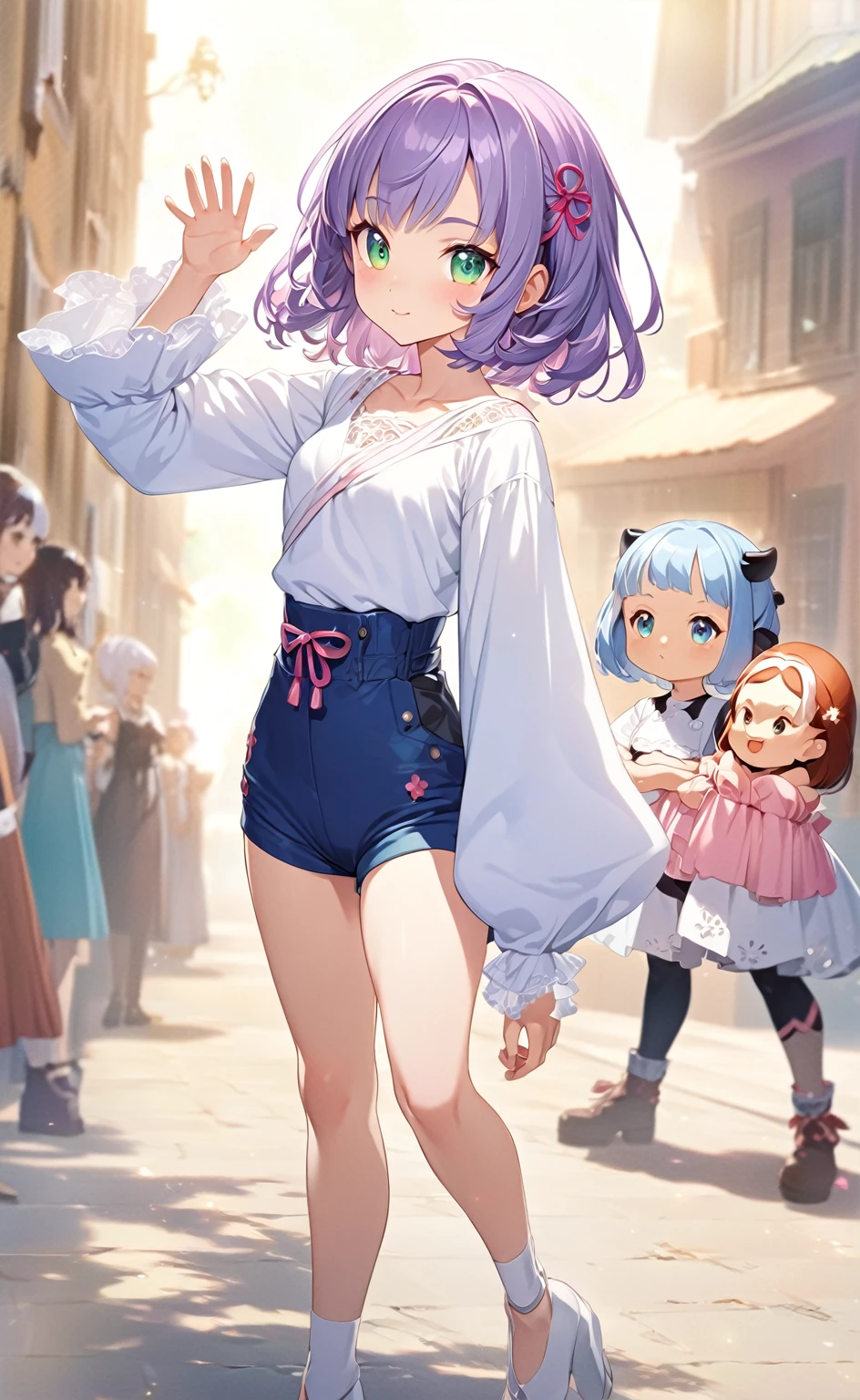 whole body, standing, , purple heir, medium hair, smooth hair, bob hair, green eyes, Anime girl waving, White blouse,  Pink ribbon, Loose-fitting blue-purple long arm covers, Navy blue hot pants with a slit in the front, Soft anime illustration, Smooth anime CG art, Virtual YouTuber Model,, Cute realistic portrait, Cute girl anime visuals, Anime Style,