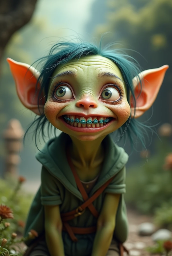 photorealistic sexy white girl Belle Delphine, wearing a cute bald sweaty goblin teen girl mask with green skin, blush, and freckles, and fangs, and braces, and long pointy teeth, she's completely naked with perky breasts. she has very prominent sternocleidomastoids and collar bones. she looks flirty and horny doing an ahegao face drooling. her cute goblin mask is green and covers her entire head and neck and looks just like Belle Delphine