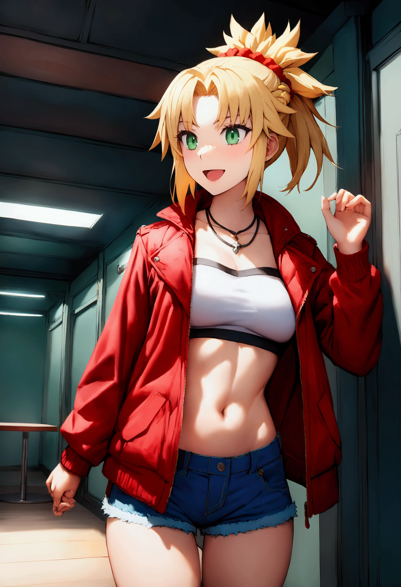 (​masterpiece、top-quality、hight resolution、Unity 8k、extremely details CG:1,Best Picture), modred, (green eyes:1.5), blonde hair, ponytail, short hair, scrunchie, red scrunchie, hair scrunchie, denim, denim shorts, jacket, jewelry, midriff, navel, necklace, red jacket, short shorts, shorts, tube top, white top, nsfw, (((dirty talk))), submissive female
