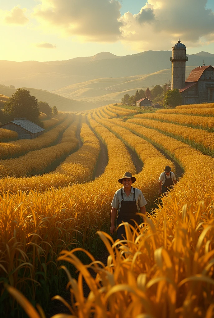 Masterpiece, best quality, (very detailed CG unified 8k wallpaper) (best quality), (best illustration), (best shade) nature harvest wheat, super meticulous --v6, people working in the fields