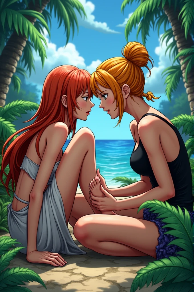 A full body portrait of two 2 girls lesbians. a red-haired girl with green eyes and a blonde with blue eyes. lying on a beach, in a magical film. The beach is a fantastical place with gentle waves, lush greenery. The girl is cute slim nice, nude, spread legs and dildo insert in ass, standing, walking, perfect small pussy, pink pussy, wet creamy pussy. Puffy nipples, Her hair is loosely braided, cute face smile orgasm expression. tanned, back, round ass, The sky features soft, pastel colors and fluffy clouds, creating a serene, dreamlike atmosphere. The overall effect is enchanting, filled with magic and wonder. lesbians kissing