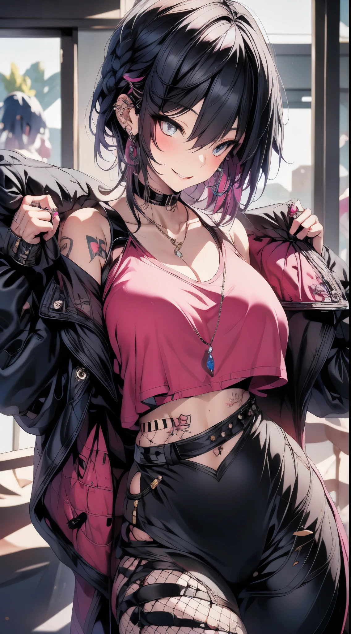 masterpiece, Best Quality, pixiv, cool girl, many piercings, earrings, tattoos, black fur, pink dip dyed hair, grey eyes
