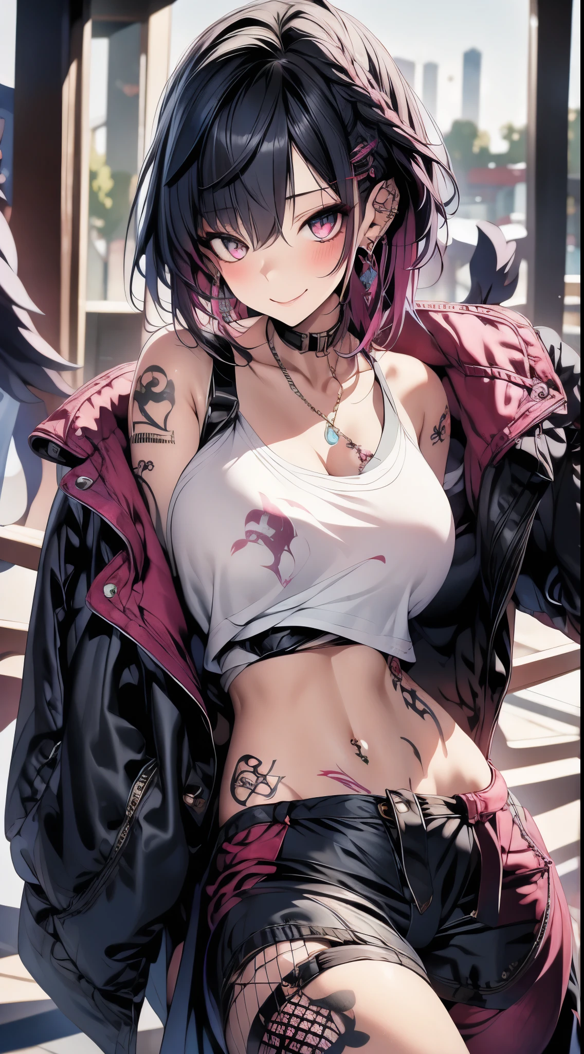 masterpiece, Best Quality, pixiv, cool girl, many piercings, earrings, tattoos, black fur, pink dip dyed hair, grey eyes
