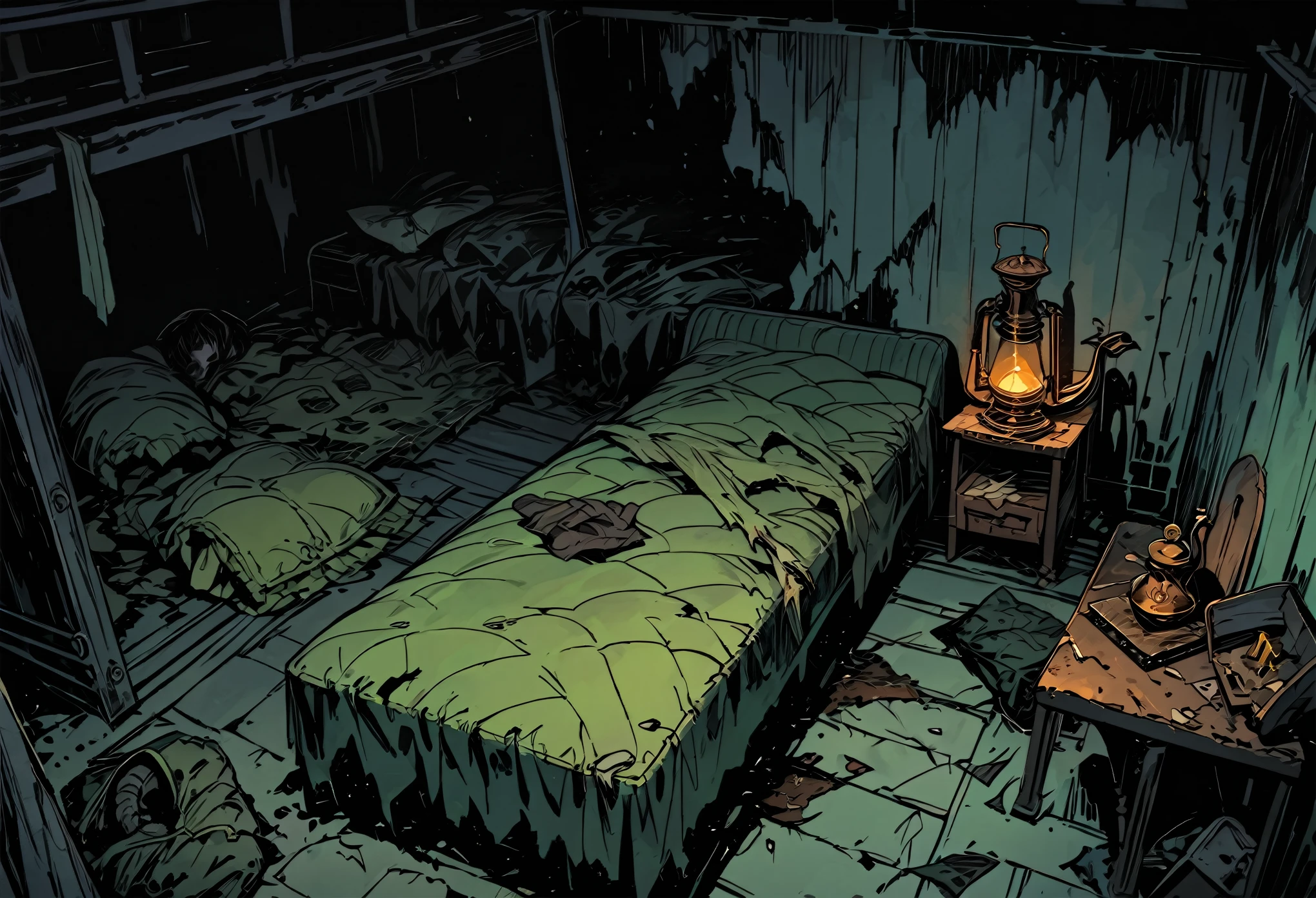 top view, mattress with torn textile, rusted walls, piss on floor, green sleeping bags, torn pillows, rest, dim light, chair, abandonment, comfort, isolation, survival, fear, atmosphere of solitude, lack of resources, gloom, WW1 bunker, (old detailed oil lamp), masterpiece, thick outlines style