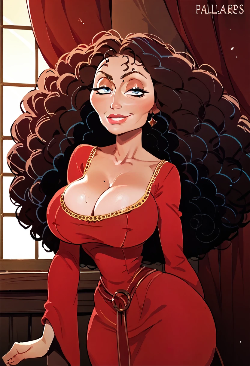 core_9, score_8_up, score_7_up, 1 woman, GothelXLP, red dress, long sleeves, cleavage, big hair, curly hair, blue eyes, makeup, wide hips, narrow waist, huge breasts, skindentation, bulging breasts, seductive smirk