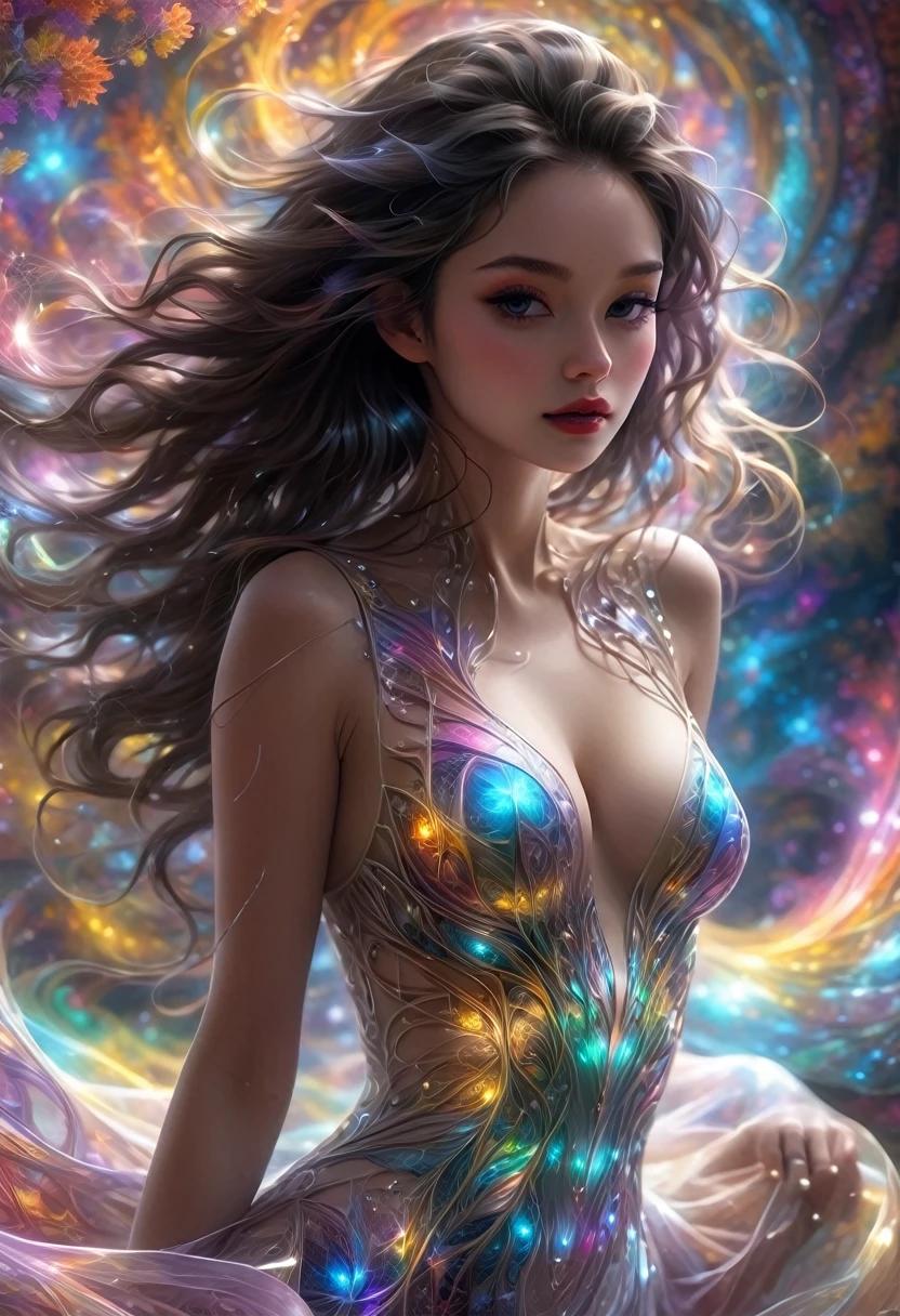 woman, long hair, sunlight, gigantic breasts, iridescent dress, glowing stars, A digital illustration, glowing stars, defraction spikes, chromatic aberration, bloom AND (glowing, holofoil:0.6), a beautiful fantasy empress, guweiz, ruan jia and artgerm, beautiful fantasy maiden, japanese goddess, It was empty inside and she didn't even wear a bra, When she moved her body, her two fat and white breasts swayed left and right, Under the friction with her clothes, her two lotus seed-sized nipples actually stood up, making her clothes bulge out by two pointed,