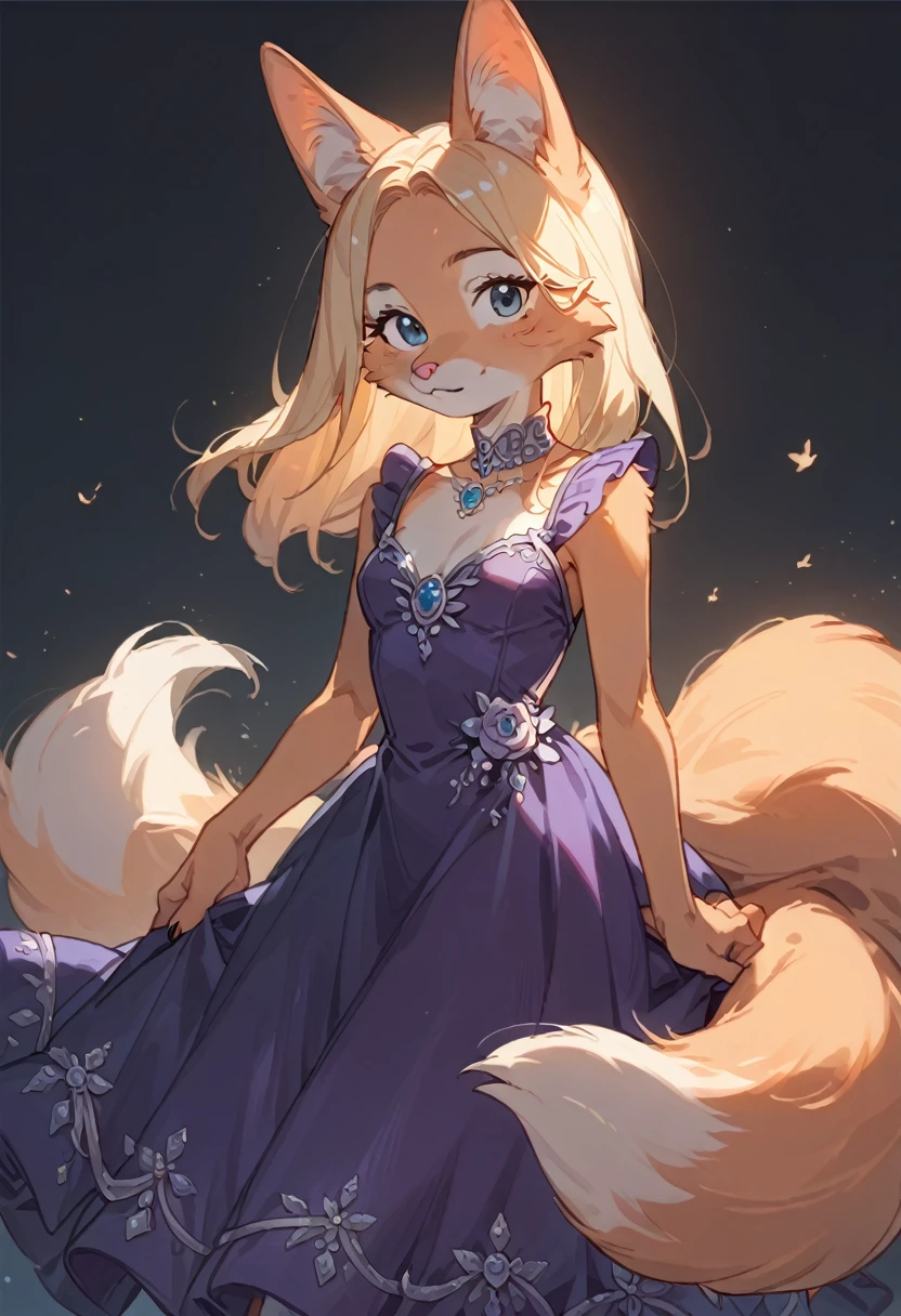 score_9, score_8_up, score_7_up, score_6_up, score_5_up, score_4_up, 1girl, kid, kid fox, face similar to Diane Foxington, blonde hair, anthro, furry, female, fox tail, blue eyes, purple dress, beautiful princess dress, alone