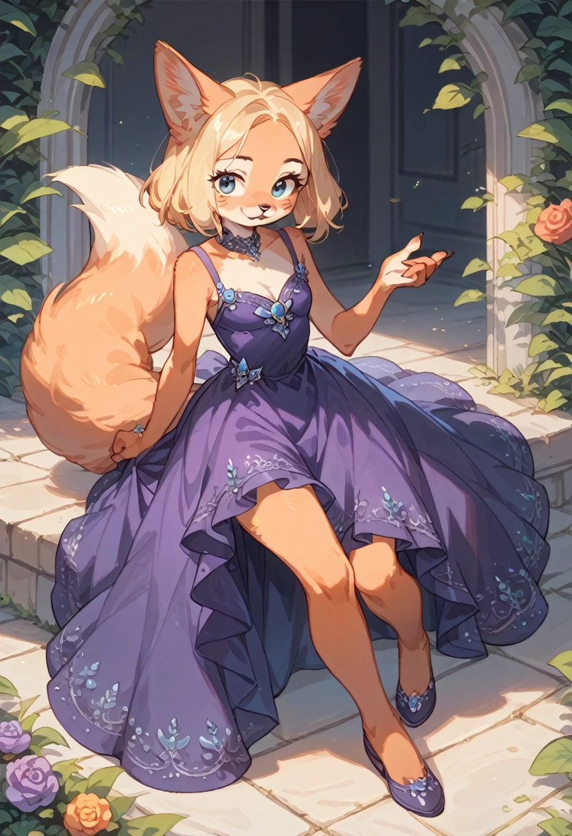 score_9, score_8_up, score_7_up, score_6_up, score_5_up, score_4_up, 1girl, kid, kid fox, face similar to Diane Foxington, blonde hair, anthro, furry, female, fox tail, blue eyes, purple dress, beautiful princess dress, alone