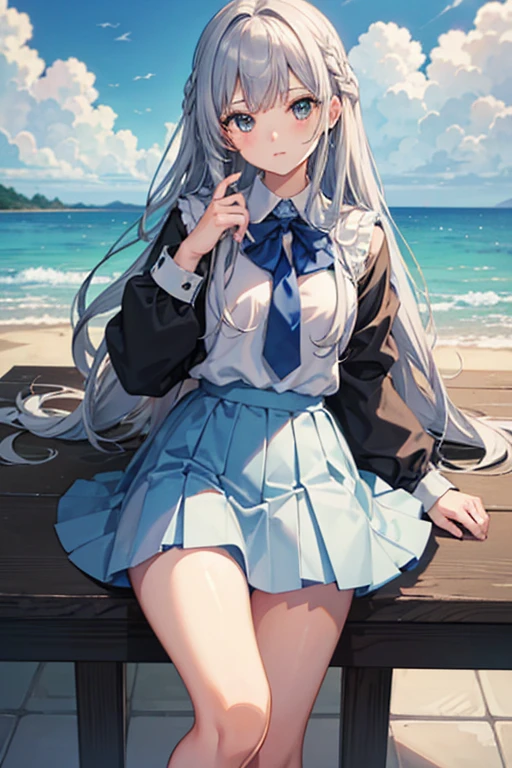 1girl, beautiful detailed eyes, long white hair, light blue eyes, school uniform, high white stocking, lustrous skin, seaside, beach, waves, high contrast, ((masterpiece, best quality))