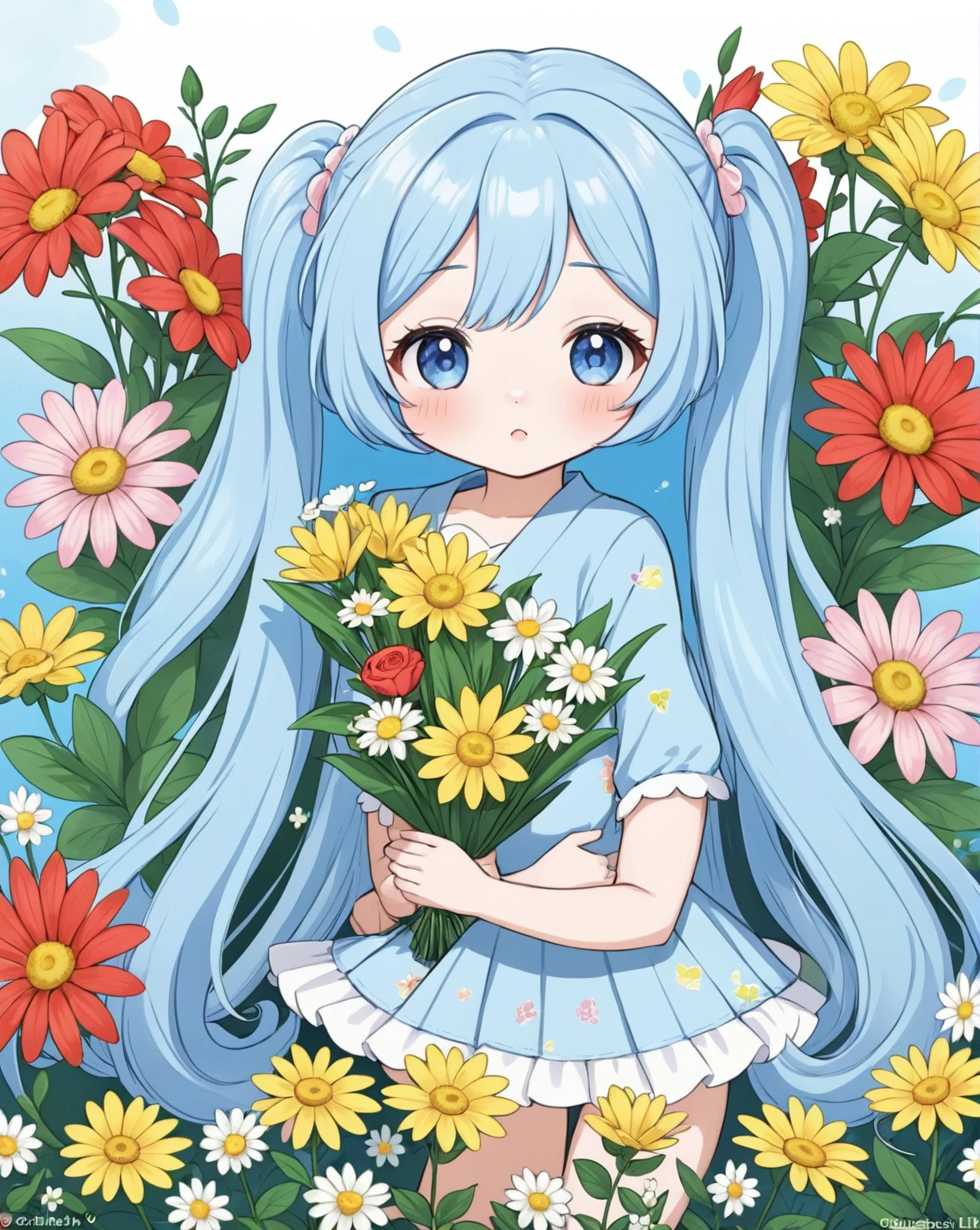 Light blue long hair、Cute chibi character with twin tails、I have a bouquet。, Cute digital art, Adorable digital painting, Carrying flowers, Cute cartoon, Cute and detailed digital art, Li Song, Cute cartoon character, Beautiful artwork illustration, [Realistic cute girl painting, Cute and adorable, Cute art style, 