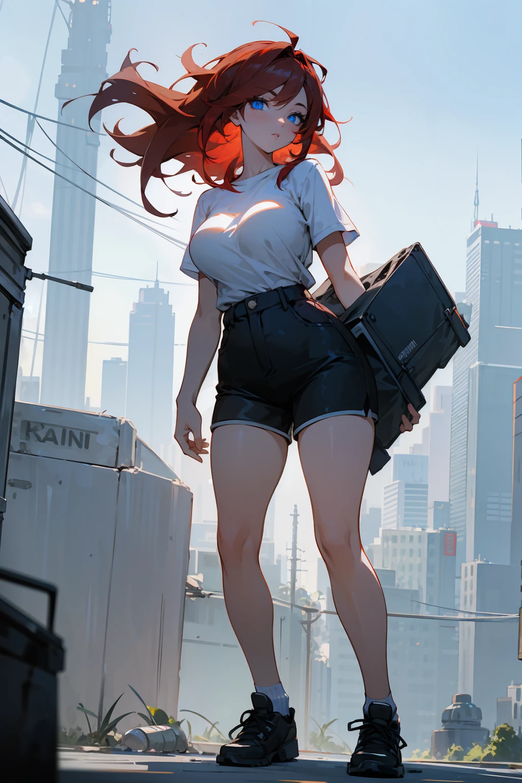 Sexy giantess woman with very hot dress, red hair, and blue eyes walks with her long hot legs, destroying the whole city in her way. She is looking down at the little humans who are at the height of her heels with a face of contempt towards them. Giantess, Goddess, sexy legs, heels, hot, curvaceous body, mommy issues, small town, small people, tiny people, macrophilia, perspective from below, high quality, almost naked, mature woman
