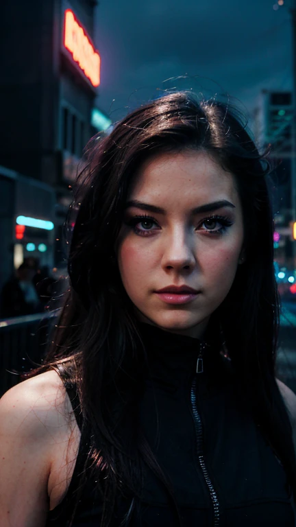 Una chica con el rostro de Amy lee, estilo synthwave, con un fondo de una Ciudad futurista 