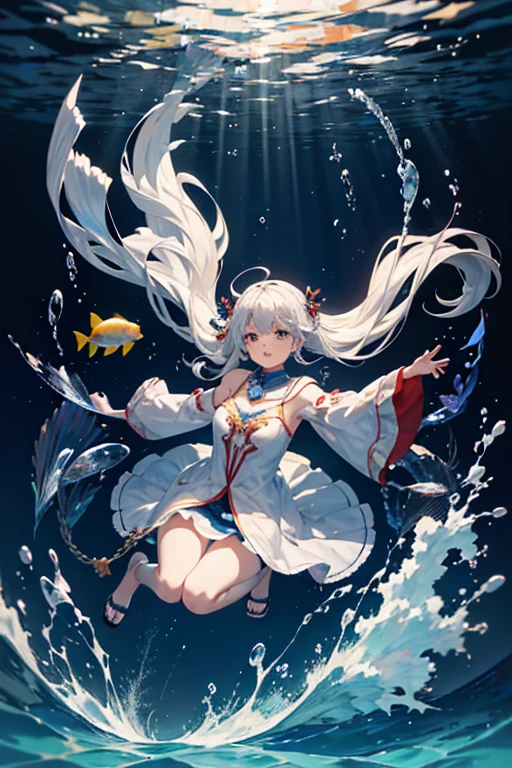 1 girl ,earrings,Goldfish ,precious stones ,sash,underwater ,Goldfish,White flower ,Akame,Behold ,get up, gray hair,clavicle,length、generally、Kamimei、looking at the viewer、white dress、Red Heavenly Woman's Robe、cleavage、smile