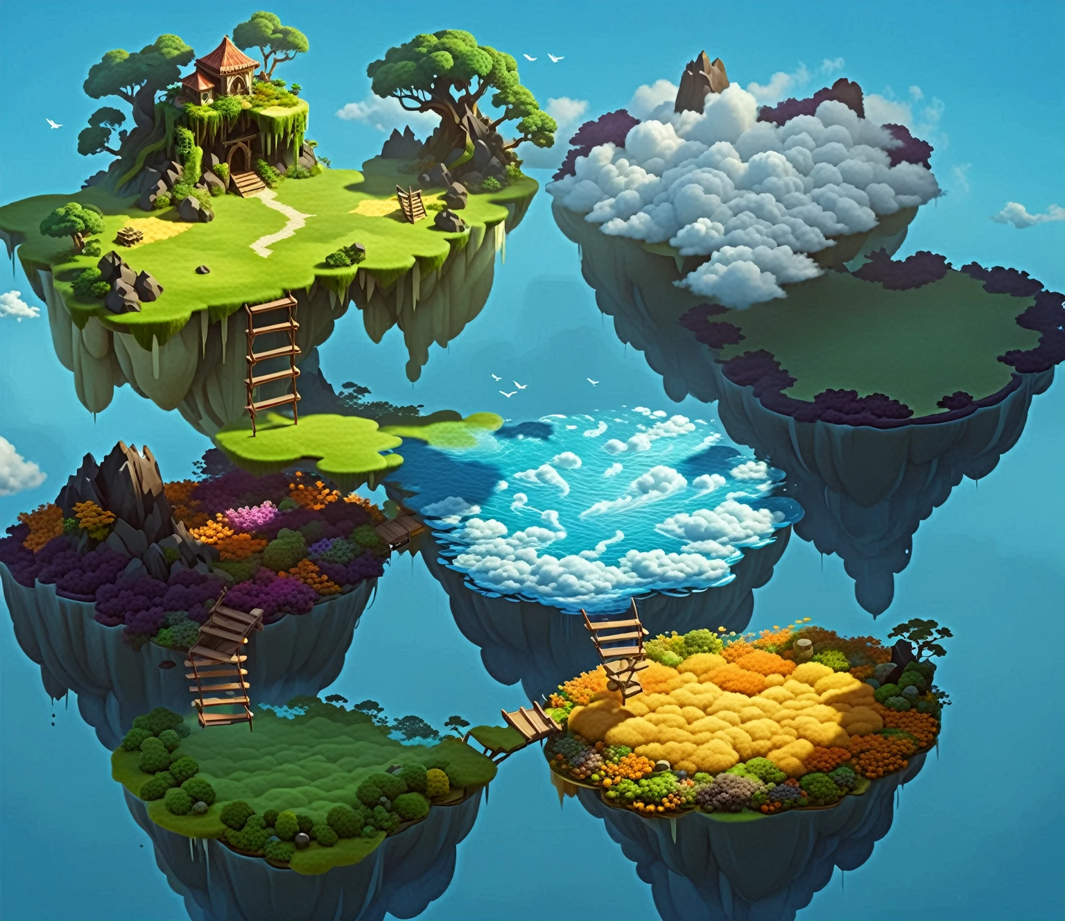 a close up of a bunch of floating islands with a ladder, floating and flying island, flying islands, flying island, isometric island in the sky, flying island in the sky, floating lands in-clouds, floating islands, painted as a game concept art, stylized game art, stylized concept art, island with cave, fantasy world concept