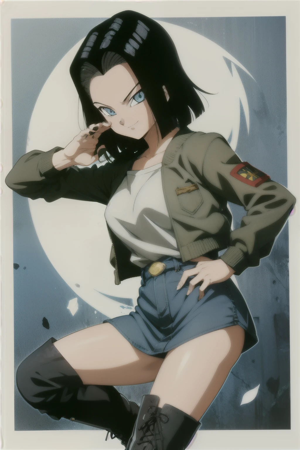 anime style, solo 1girl, female version Android 17,  shor black t  hair,  blue eyes , smug face , open jacket ,   medium breasts,  plisada mini-skirt,  long boots. Pose