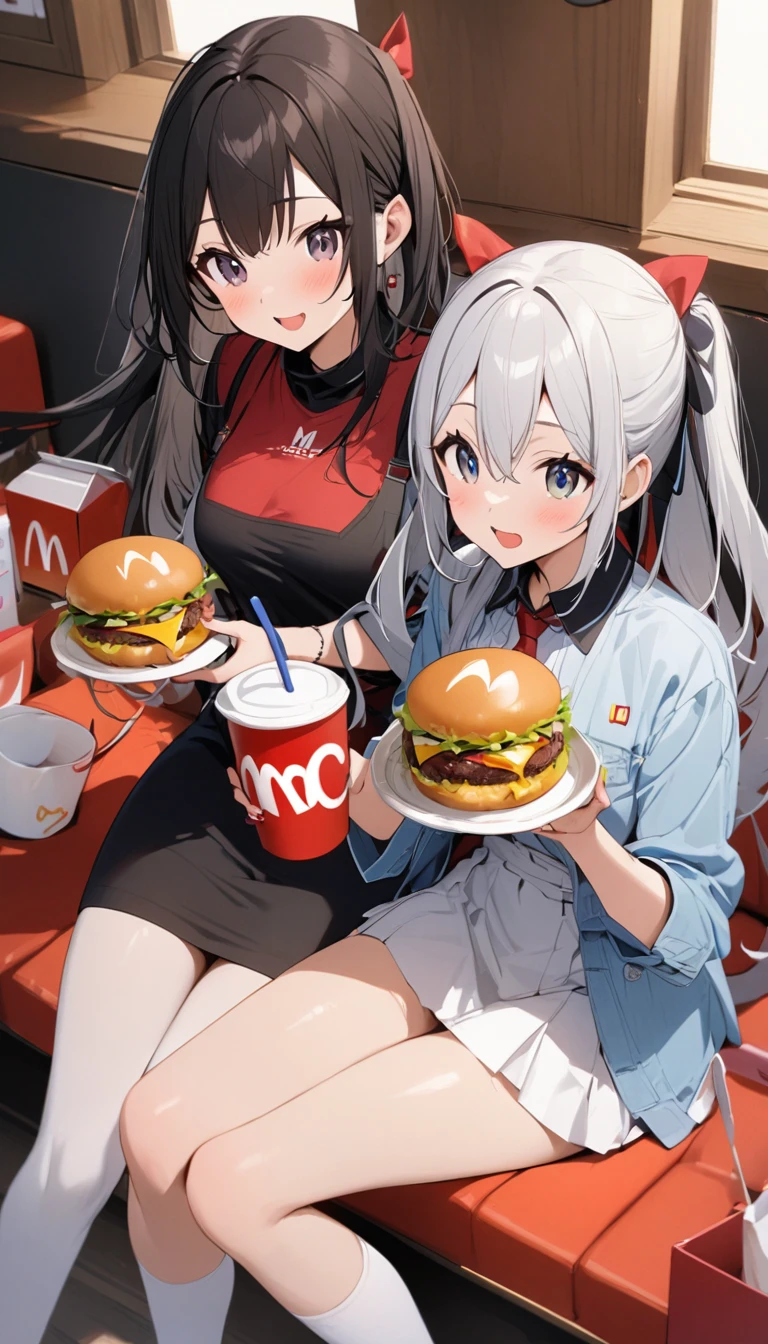 highest quality、High resolution、8K、detailed background、Beautiful teenage girl、(two women)、beautiful and detailed face、beautiful and smooth skin、skin texture、Black square glasses 、cuteポニーテール、big breasts、cute、For delicious food, It is important to use brightly colored ingredients, neat presentation, and quality ingredients.。
Juicy burgers、Meat patty is baked juicy、Hamburger topped with cheese and vegetables、This is a dish that looks delicious..。Eat deliciously、
You can express your appetite by lighting up your eyes when faced with food.。
when bringing food to the mouth, By opening your mouth wide and accepting food、You can highlight the deliciousness.。
The appearance of eating a lot of food、indicates satisfaction of appetite。.。
By smiling when you taste food, Shows you are enjoying your meal.。
Licking your lips when you have food in your mouth or when you feel something delicious, can stimulate appetite.。