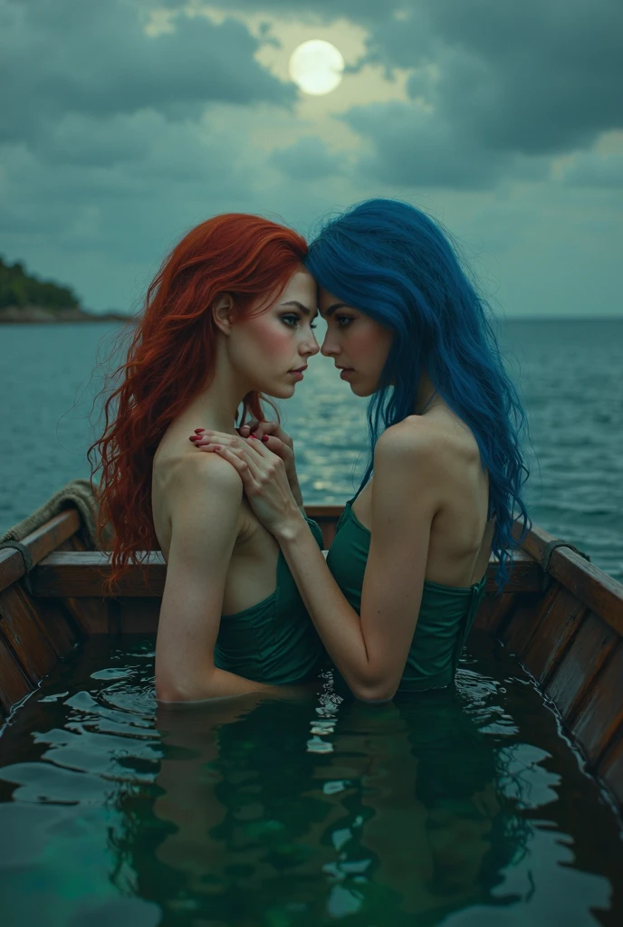 Extremely detailed image of a blue-haired FEMALE mermaid with a powerful dark blue fish tail sitting in the water of a rocky alcove with the water level reaching up to the mermaid’s shoulders and the mermaid is reaching up with one hand to cup the cheek of a young adult tomboy human girl with a figure and short red hair and freckles on her face and arms and she’s wearing ragged and revealing undergarments. The mermaid is kissing the girl intensely in this position as the girl is leaning forward to kiss the mermaid back from her position on a wrecked wooden dock.