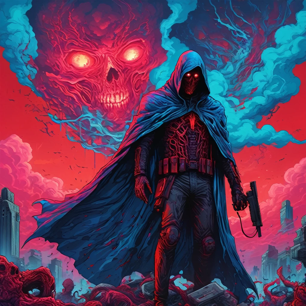 a novel illustration, horror, gore, graveyard, red sky, red clouds, ghost, Phantom, dark theme, figure in a vibrant, hyper-detailed 2D cyberpunk scene, wearing a blue cape, inspired by the Brock Hofer art style, with saturated colors, tentacles, zombies, blood, dark elements, guns, vaporwave and film grain effects, captured in a cinematic HDR DSLR photograph