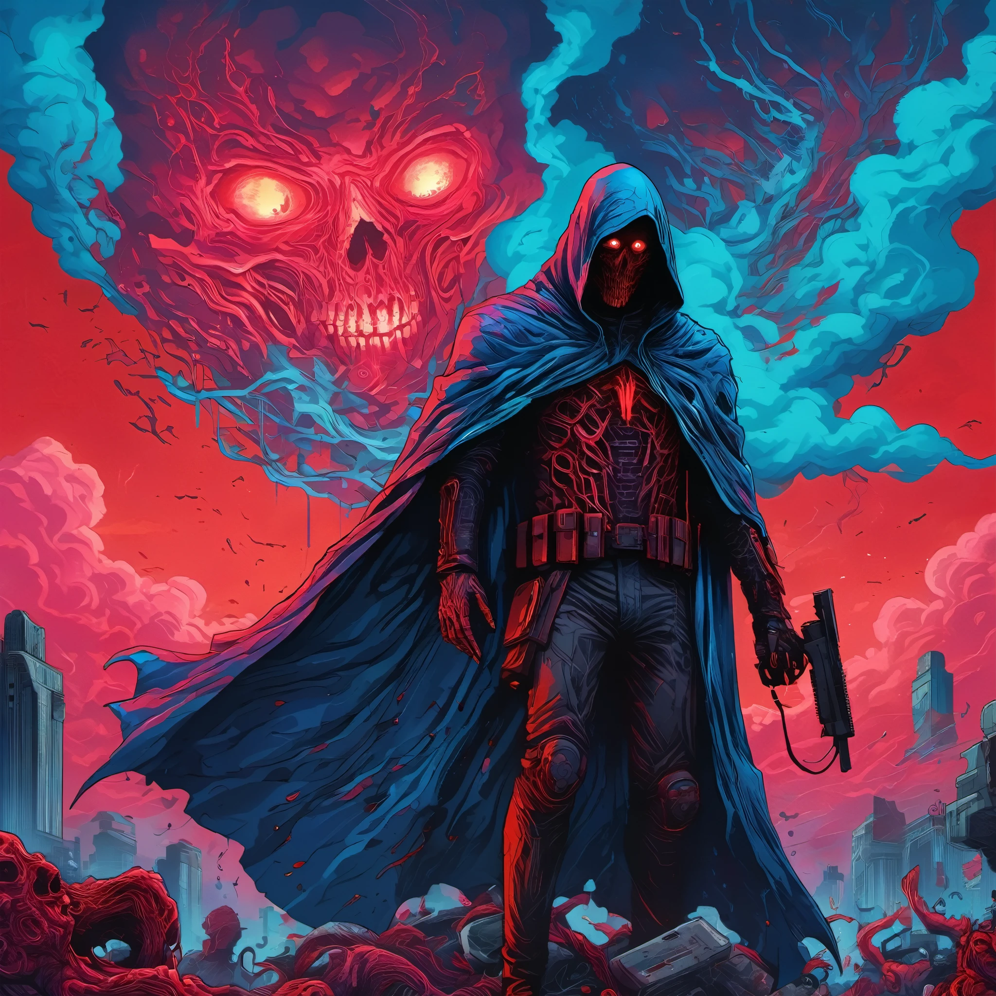 a novel illustration, horror, gore, graveyard, red sky, red clouds, ghost, Phantom, dark theme, figure in a vibrant, hyper-detailed 2D cyberpunk scene, wearing a blue cape, inspired by the Brock Hofer art style, with saturated colors, tentacles, zombies, blood, dark elements, guns, vaporwave and film grain effects, captured in a cinematic HDR DSLR photograph